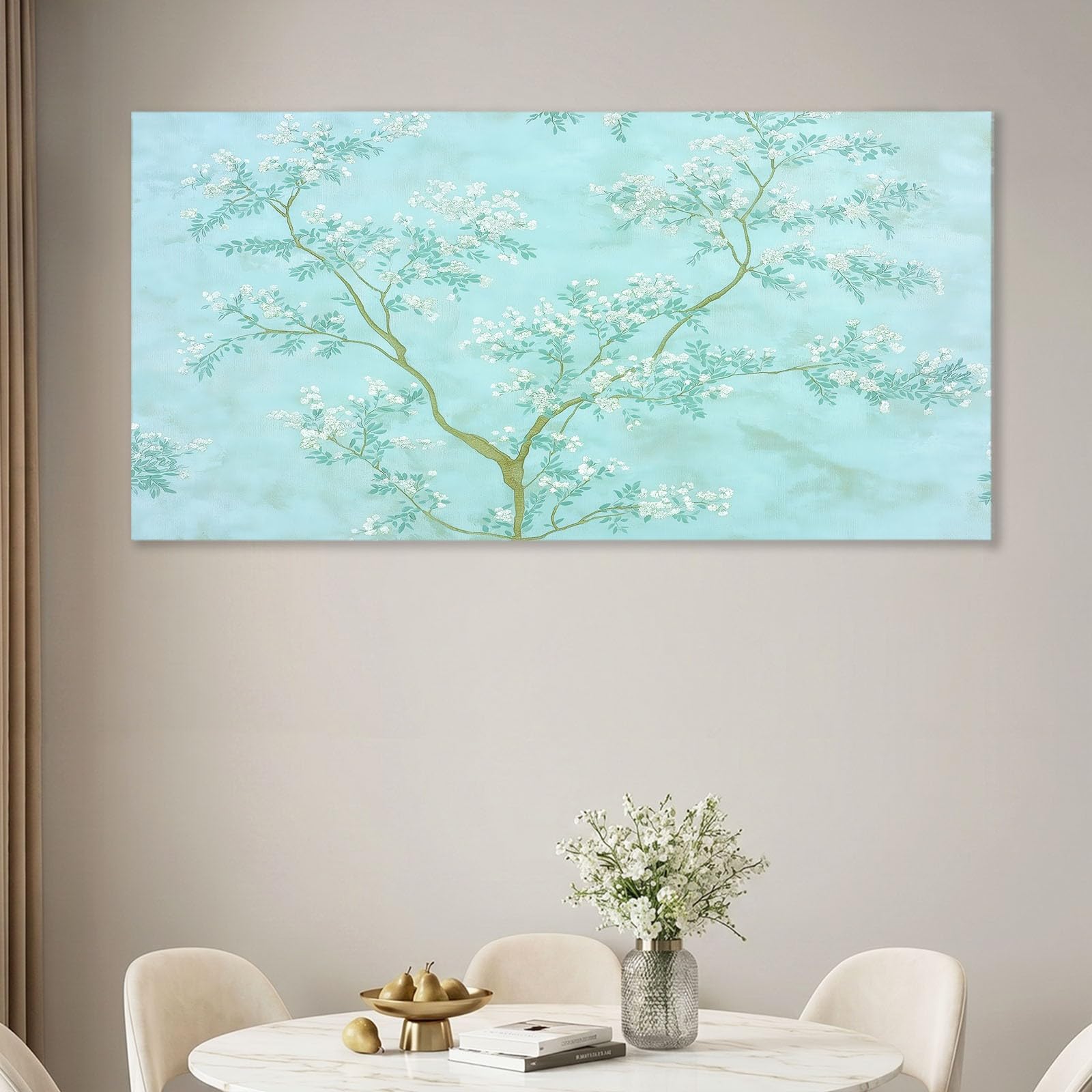 Obraz ścienny z ramą 100 x 70 cm, naturalny, obraz na płótnie do salonu, sypialni, kuchni, biura - niebieskie drzewa, kwiaty, gałązki i liście, dekoracja ścienna