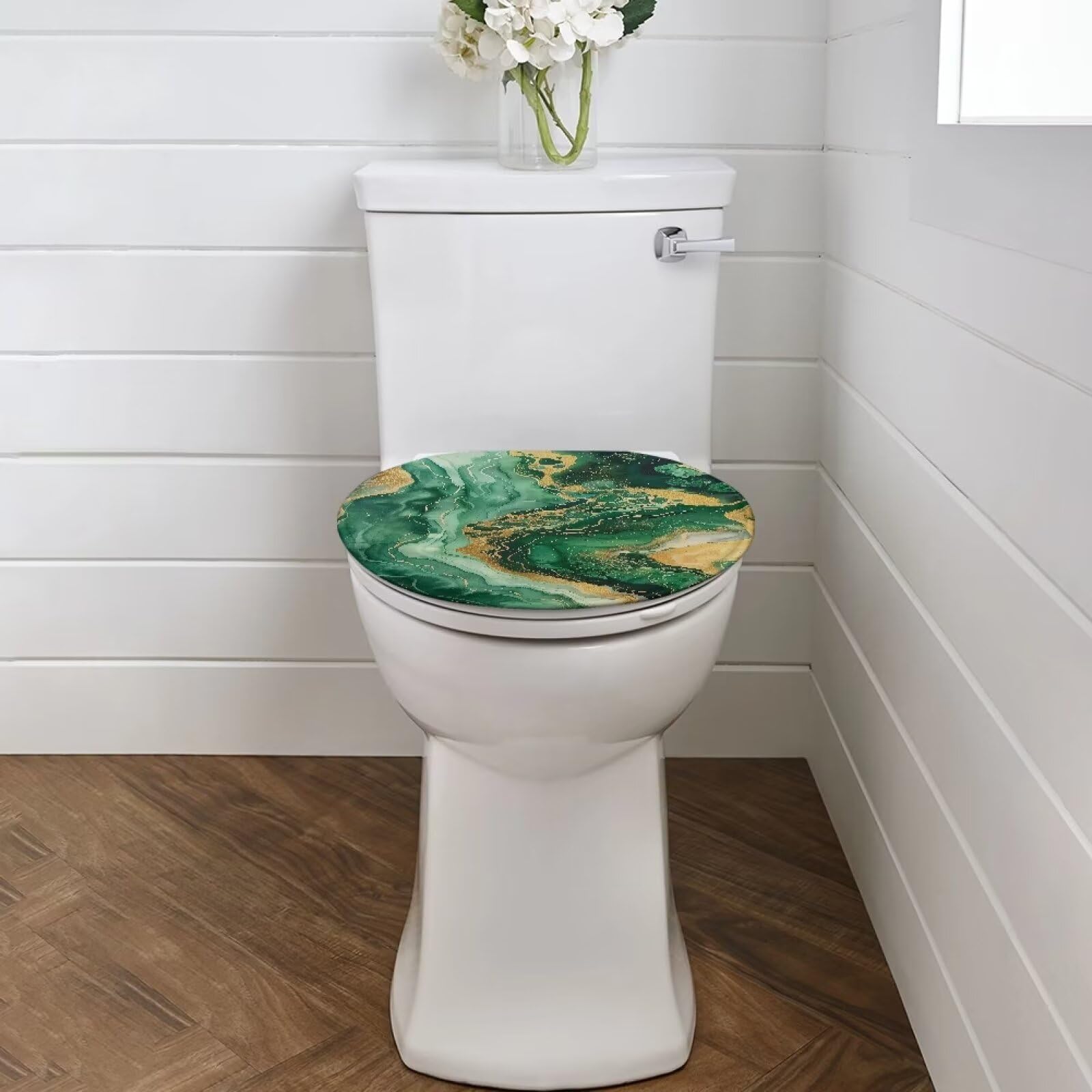 Vanideaoty Emerald Green Marble Toilet Seat Lid Covers 1 Pack Plush Toilet Lid Covers for Bathroom Elongated Fits Most Toilet Lids