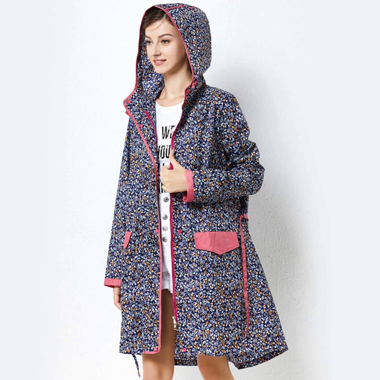 Generico Antipioggia Donna-Giacca Antivento Leggera Lunga Con Cappuccio Con Cintura In Vita E Stampa Floreale Elegante Da Donna Per Attività All'Aperto