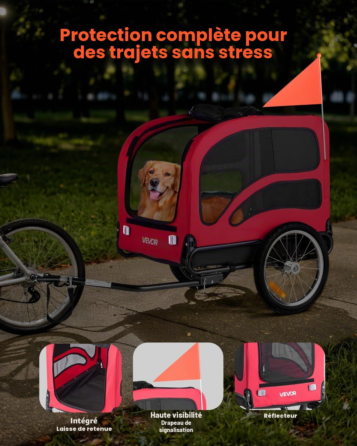 VEVOR Remorque de Vélo Chien Pliable Charge 45 kg Porte Animaux de Compagnie de Vélo Cadre Facile à Plier avec Roues à Dégagement Rapide, Coupleur de Vélo Universel,Réflecteurs, Drapeau
