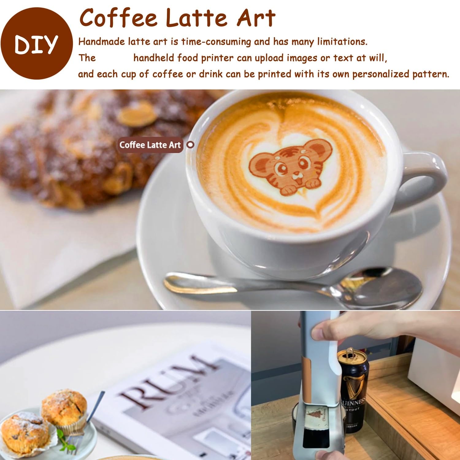 Impresora de café portátil, impresora portátil de alimentos, impresora de macarrones, impresora de diseño de alimentos DIY, Mini impresora de inyección de tinta comestible(Red words)