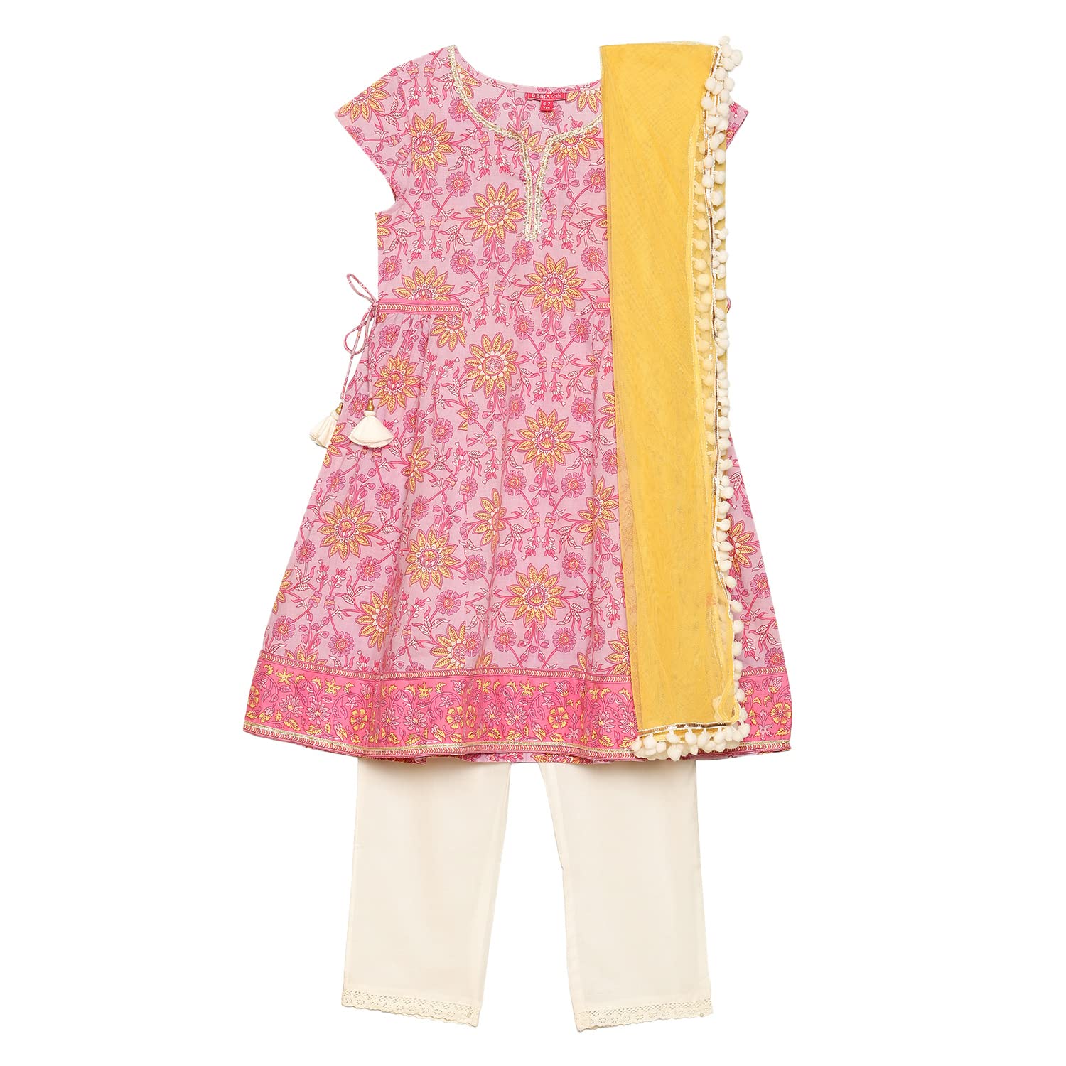 BIBAPrinted Cotton Straight Fit Girls Kurta Palazzo Dupatta Set (LILAC, 6-7Y)