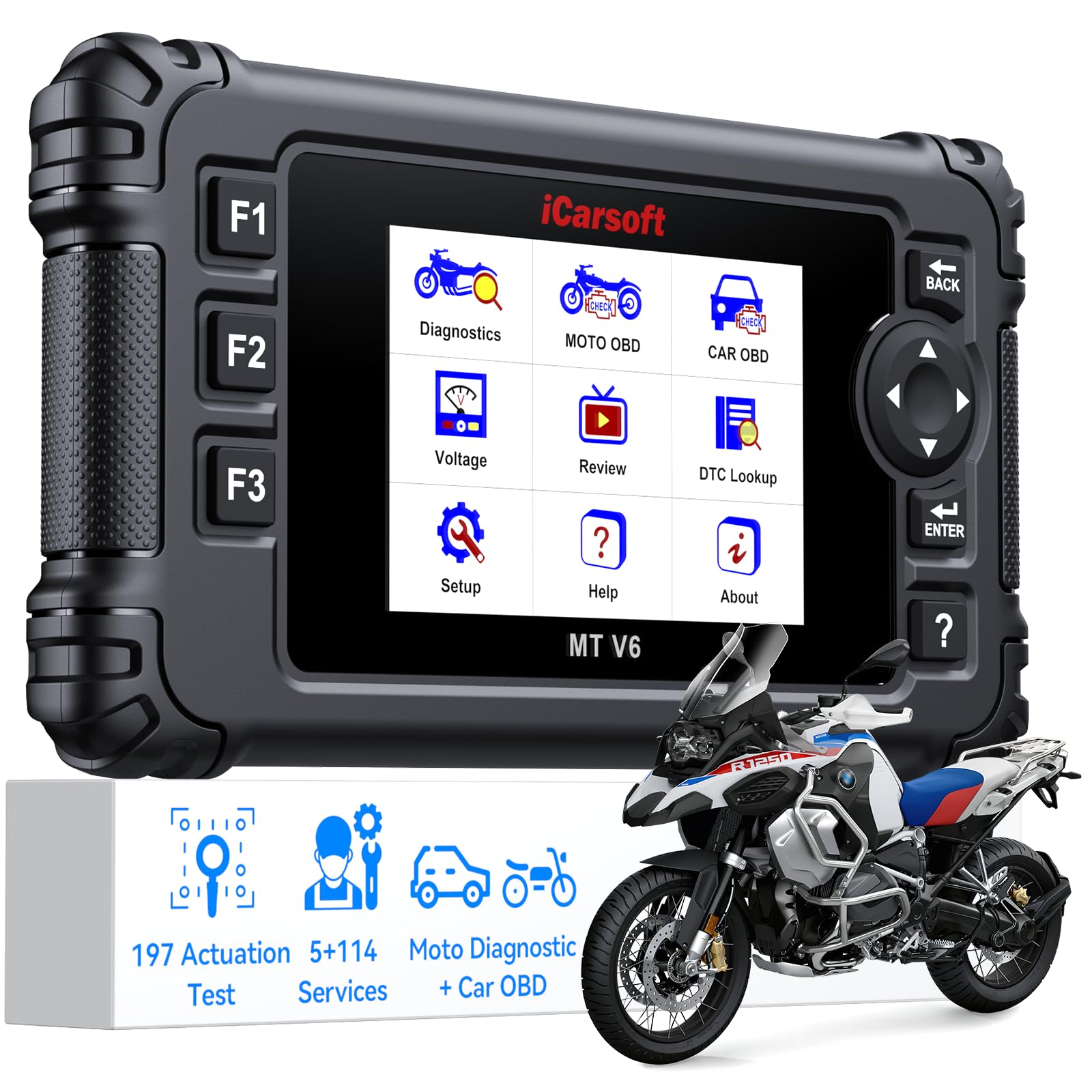 iCarsoft Motorrad OBD2 Diagnosegerät Bidirektional Passend für BMW mit ABS Bleeding, Throttle, Alle Systeme Motorrad-Diagnosetool, Multisystem-Diagnosecodeleser, mit Hot Reset Funktionen, Datenstrom