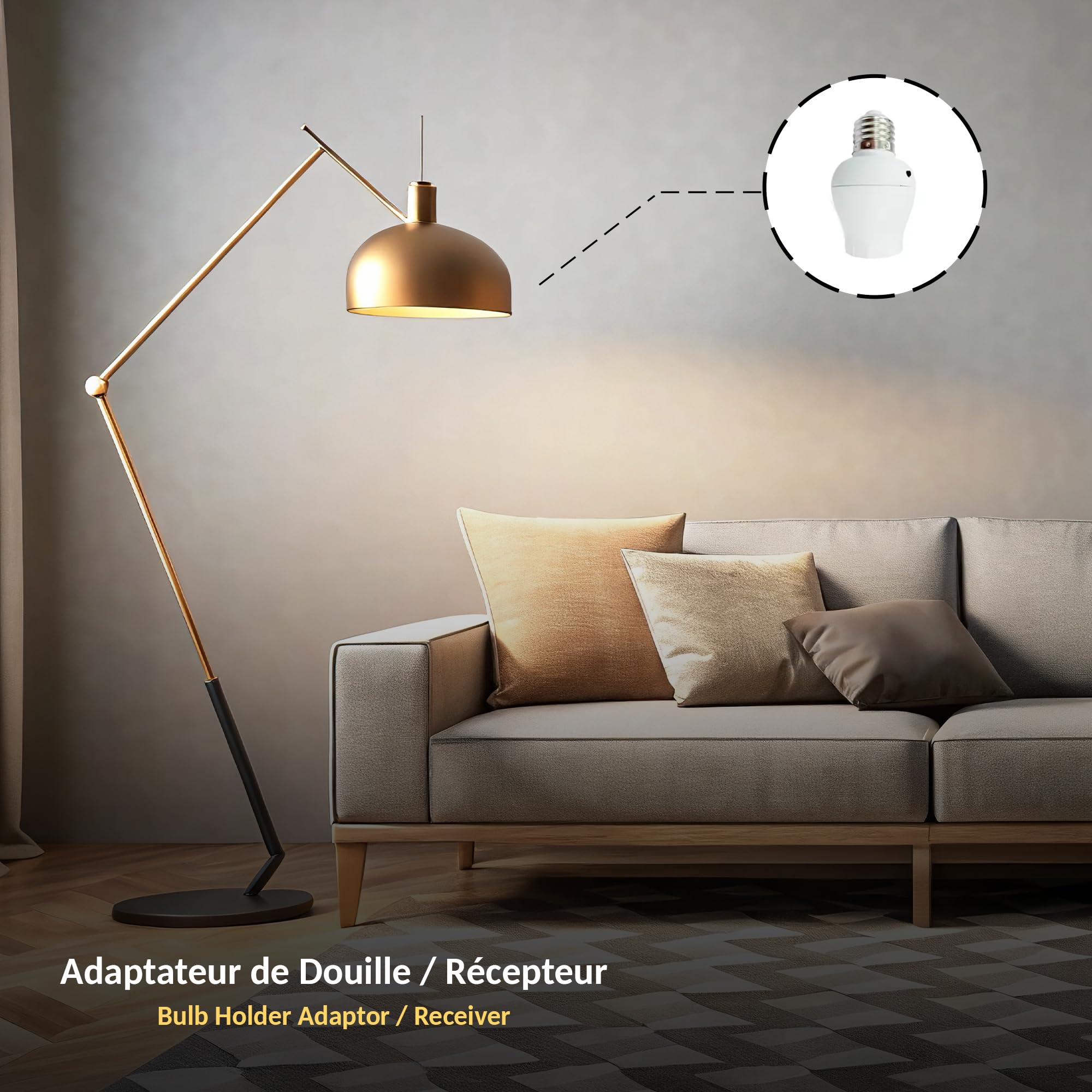 Kit interruptor de control inalámbrico ni batería con adaptador de enchufe E27 conectado, funciona con energía cinética, mando a distancia ON/OFF para lámpara bombilla LED, alcance 50 m, color blanco