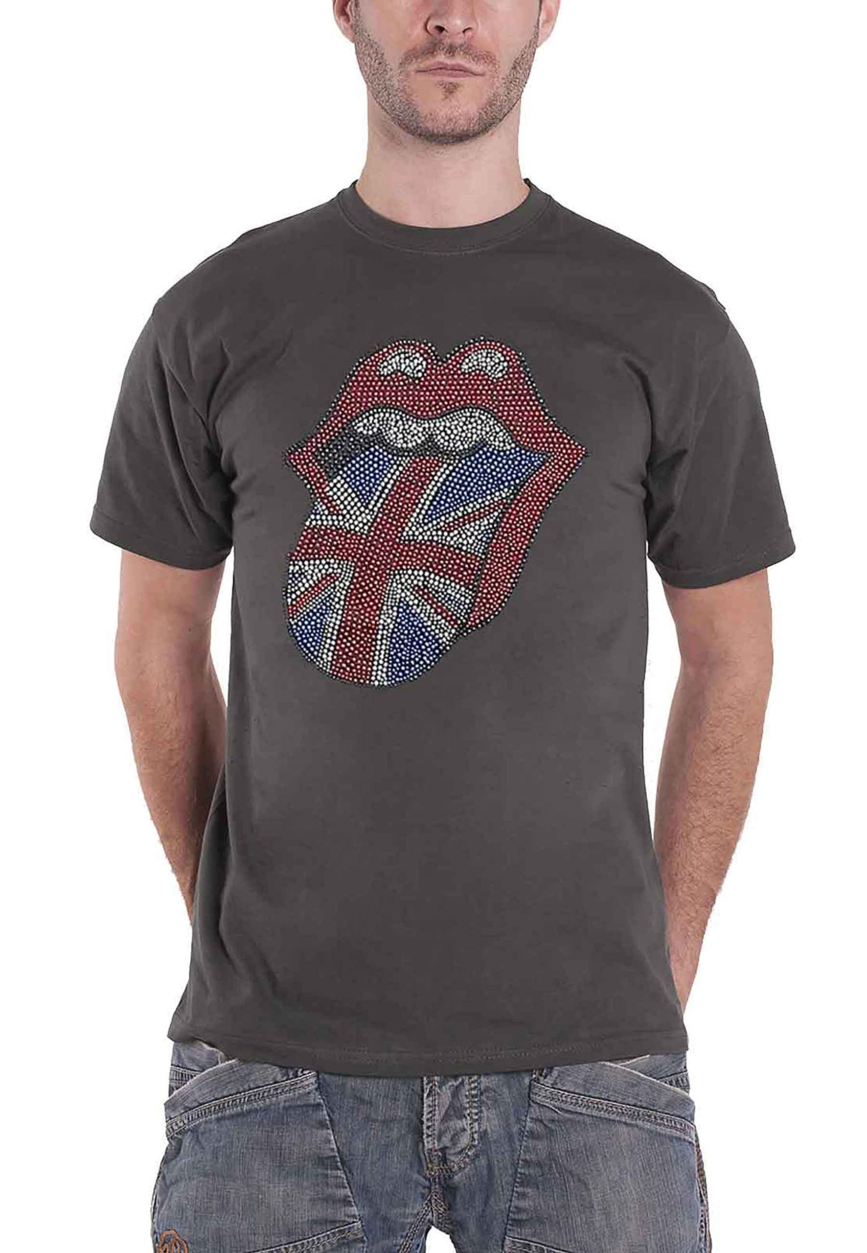 Paradiso Clothing Unisex Grey The Rolling Stones Union Jack Tongue Diamante Tee - Xxl