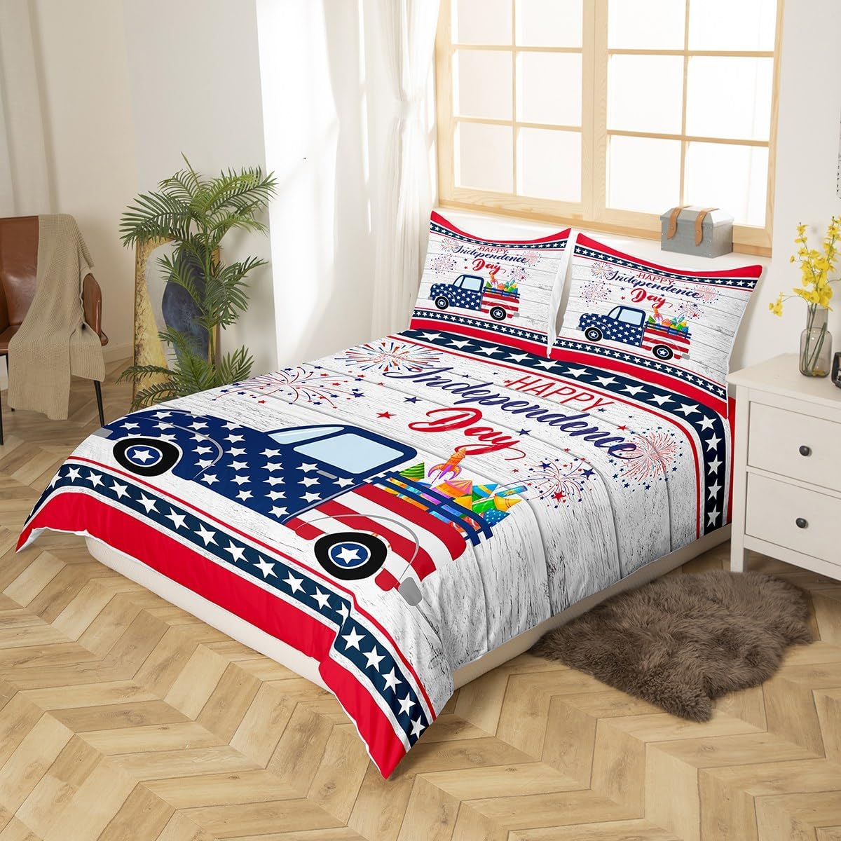 Feelyou 4th of July Duvet Cover Queen Size Truck American Flag Comforter Cover Independence Day Bedding Set Wood Grain Bedspread Cover for Kids Adults