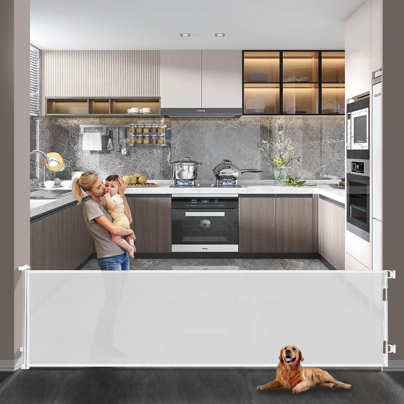 Photo 1 of Veraste Retractable Baby Gate,Mesh Baby Extra Wide Gate,Extra Long Dog Gate,33" Tall,Large Extends up to 118" Wide,Child Safety Extra Large Gate for Doorways, Stairs, Indoor/Outdoor?White,33"x118"? White 33x118 Inch