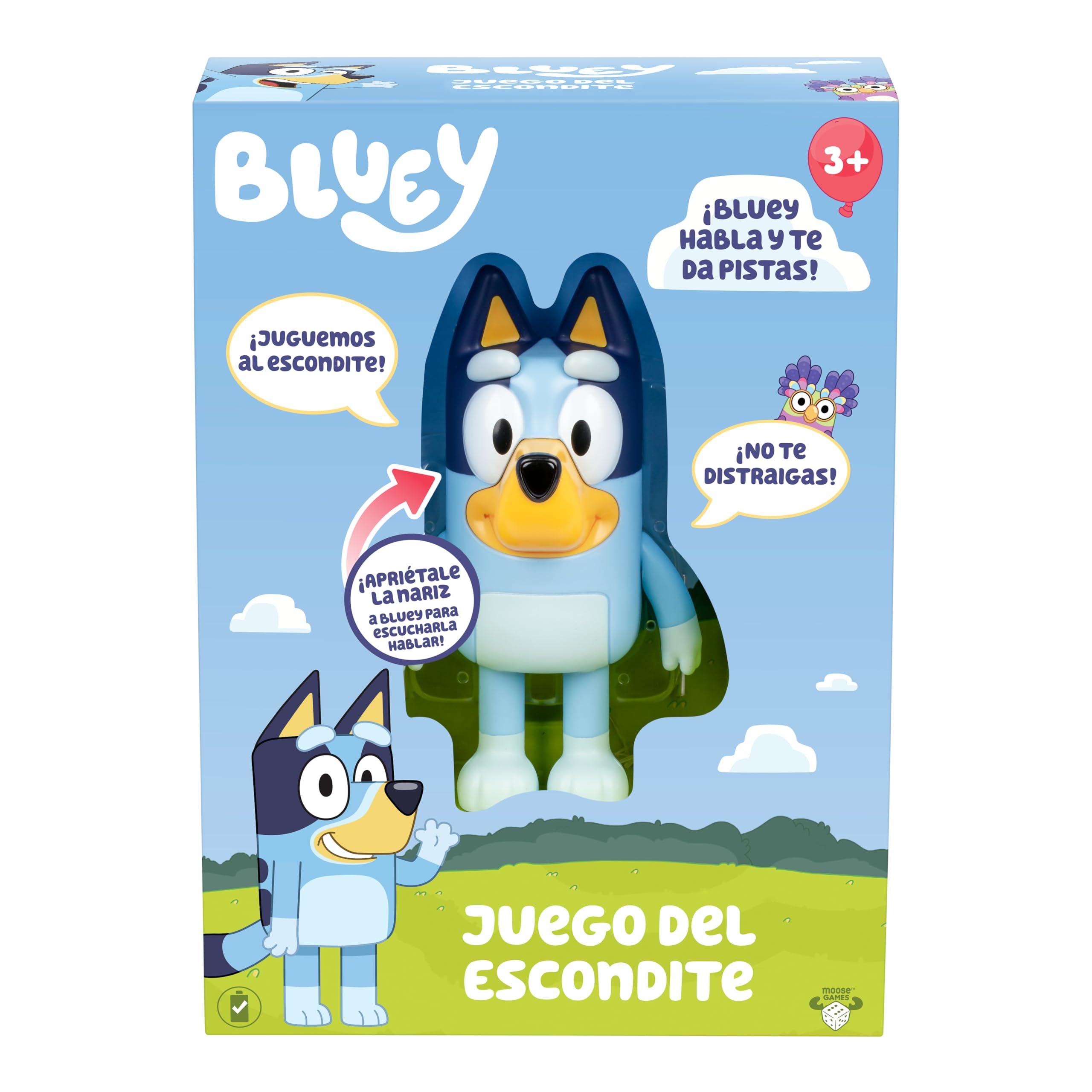 Juego del escondite Bluey, esconde a Bluey y apriétale la Nariz para reiniciar la Cuenta. Ella Habla y ríe para Ayudar a encontrarla. Los peques Pueden Bailar con la canción de la Serie