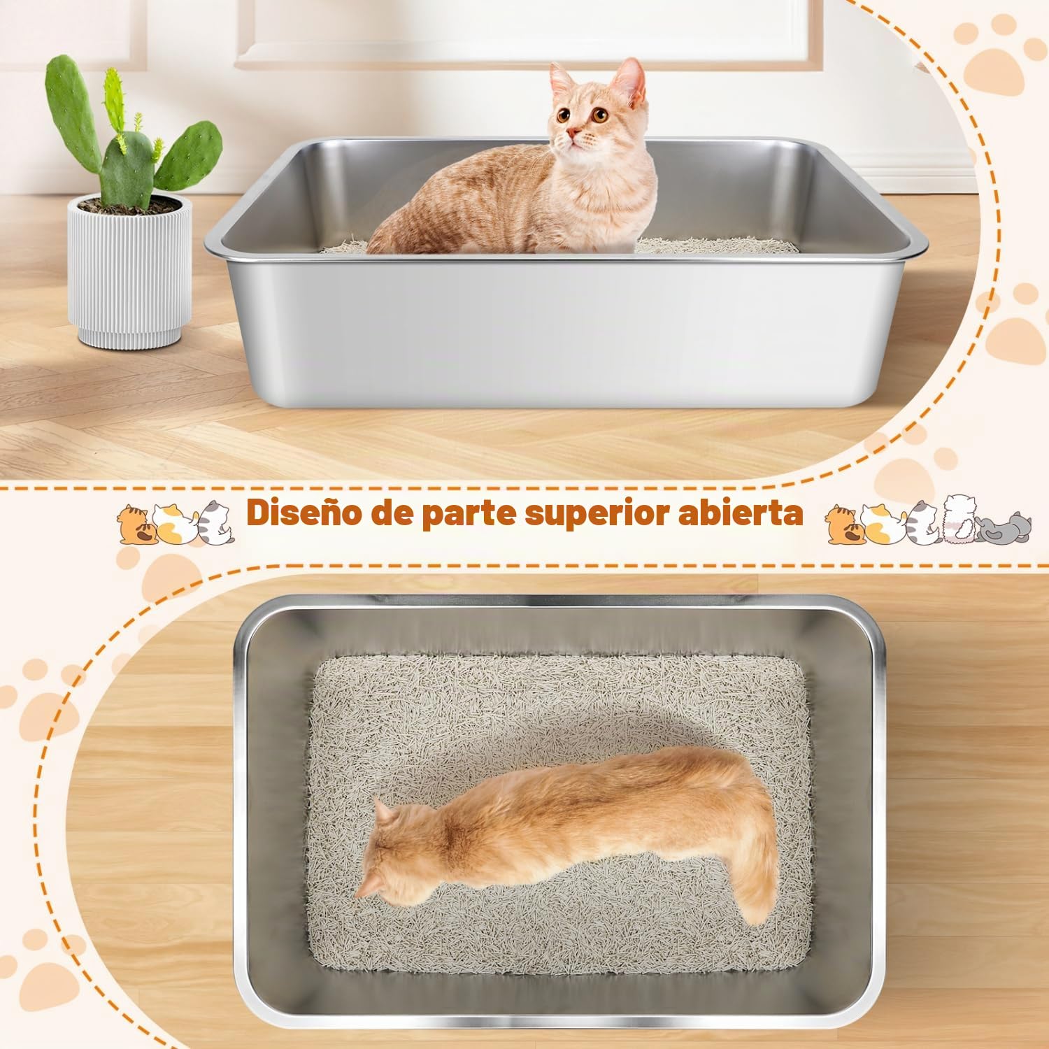 Nobleza Arenero Gato Acero Inoxidable Grande (Paquete de 2), 60x40x15cm Cajas de Arena para Gatos de Borde Alto, Arenero Gatos Que No Absorbe Olores, Adecuado para Gatos Grandes y Gatitos Múltiples