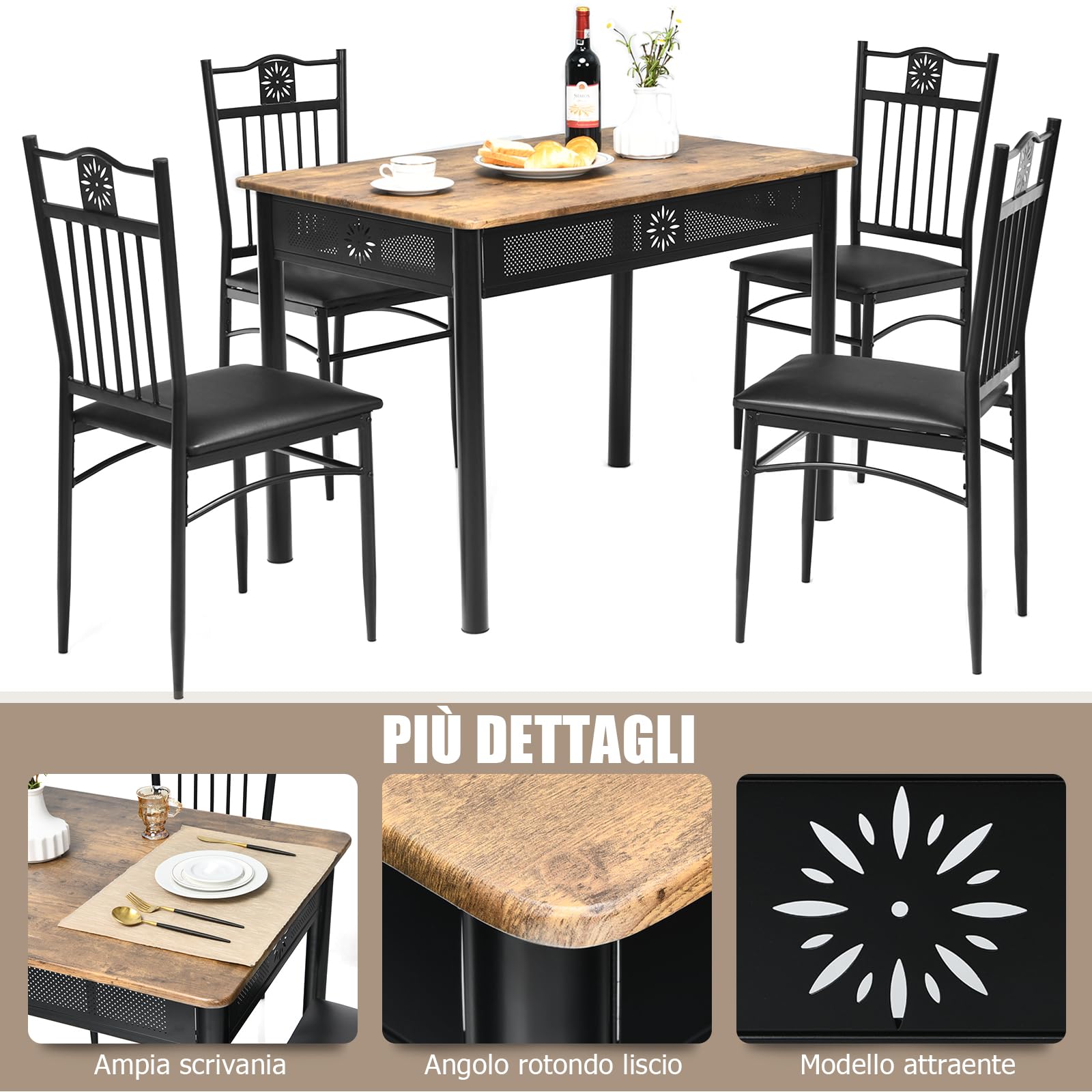 RELAX4LIFE Set Tavolo e 4 Sedie da Cucina, 5 Pezzi, per 4 Persone, Tavolo Rettangolare : 110 x 70x 76 cm, 4 Sedie Imobottite con Schienali: 41 cm x 47 cm x 93 cm，Per Bar, Cucina, Soggiorno (Nero)