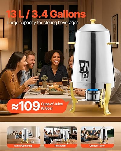Miniatura 2 de VEVOR Dispensador de bebidas de acero inoxidable, dispensador de bebidas de 3.4 galones con quemador de alcohol, dispensadores de bebidas calientes