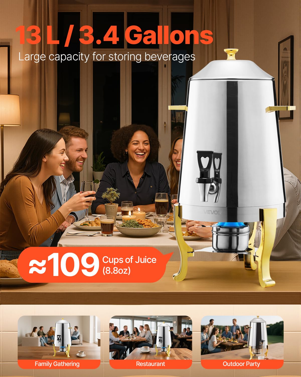 VEVOR Distributore di Bevande, 13 L per Feste, Contenitore di Succhi in Acciaio Inox con Bruciatore ad Alcol, Bevande Calde e Fredde con Rubinetto per Caffè, Tè, Acqua Calda, per Ristoranti Hotel
