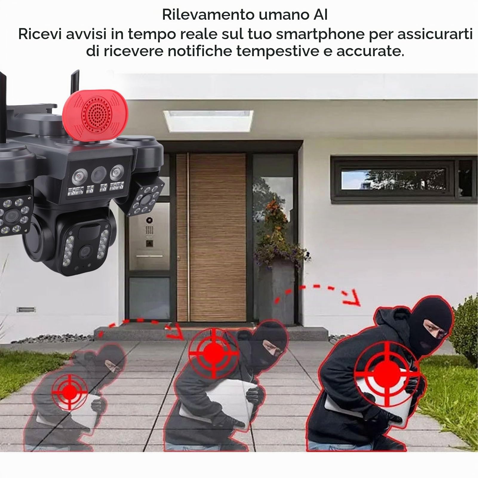 VBESTLIFE Telecamera di Sicurezza Solare a Tripla Lente, Telecamera Esterna WiFi 360° da 2,4 GHz con Rilevamento del Movimento AI e 8000 MAh, Resistente Alle Intemperie IP66 per la
