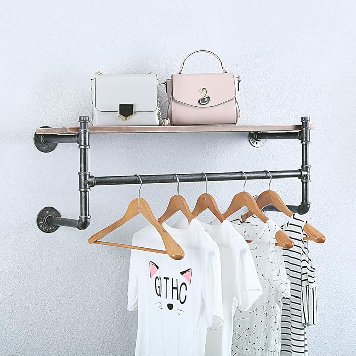 Buy Industrial Pipe Clothing Rack Wall Mounted with Real Wood Shelf