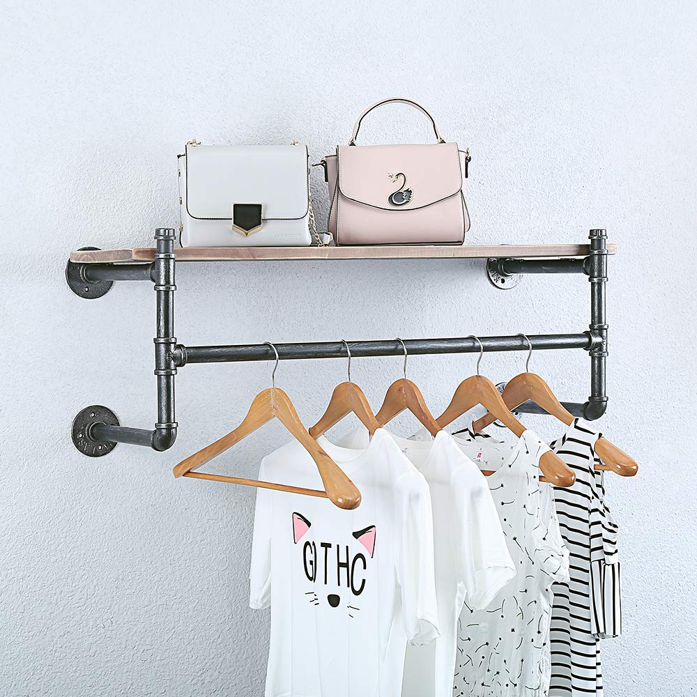 JIANZHUO Industrial Pipe Clothing Rack Wall ed with Real Wood Shelf,Rustic Retail Garment Rack Display Rack Cloths Rack,Pipe Shelving Floating Shelves Wall Shelf,36in Commercial Clothes Racks