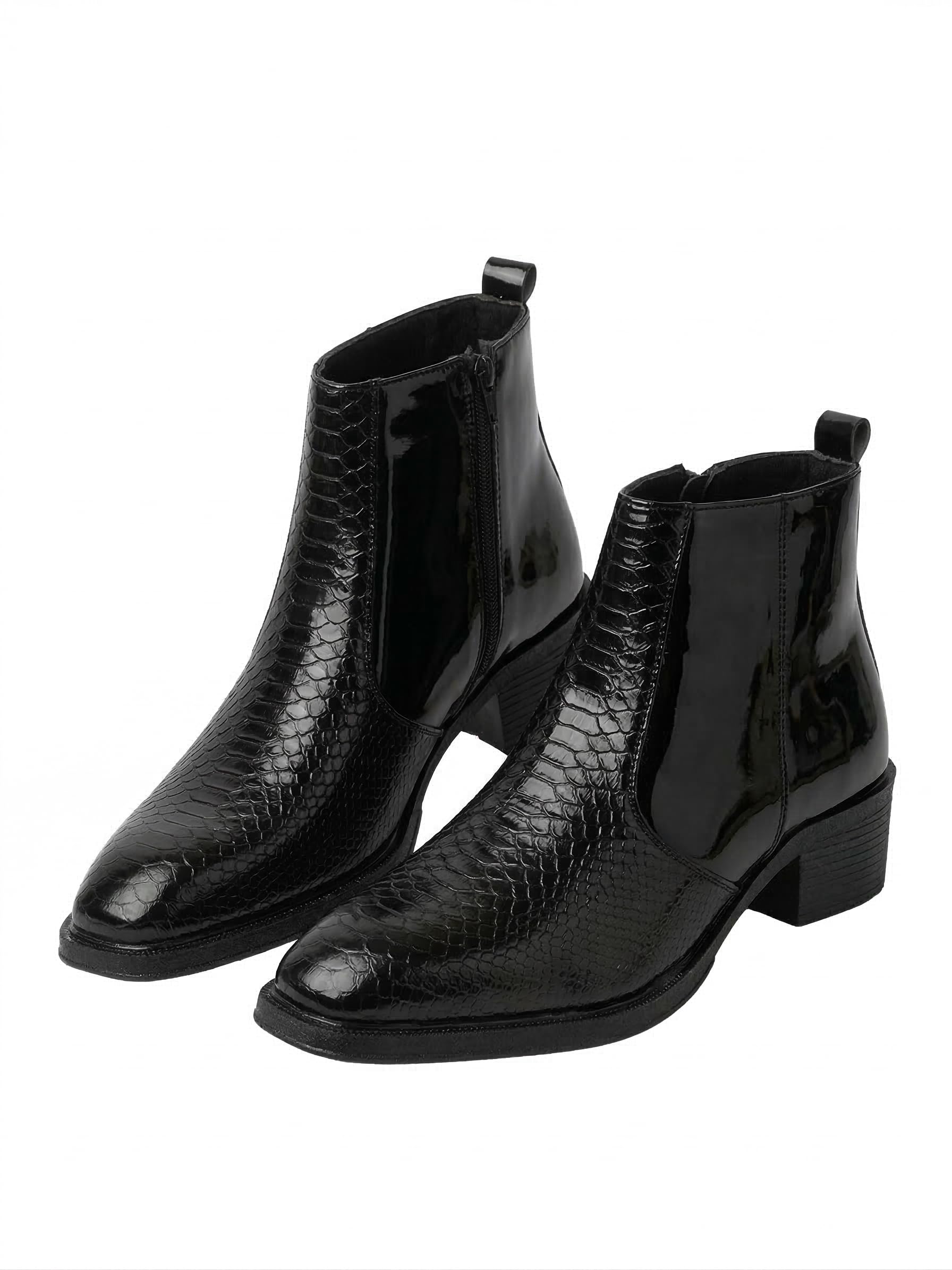Black Patent Croc-Textured Chelsea Ankle Boots with Side Zip and Block Heel-image-11
