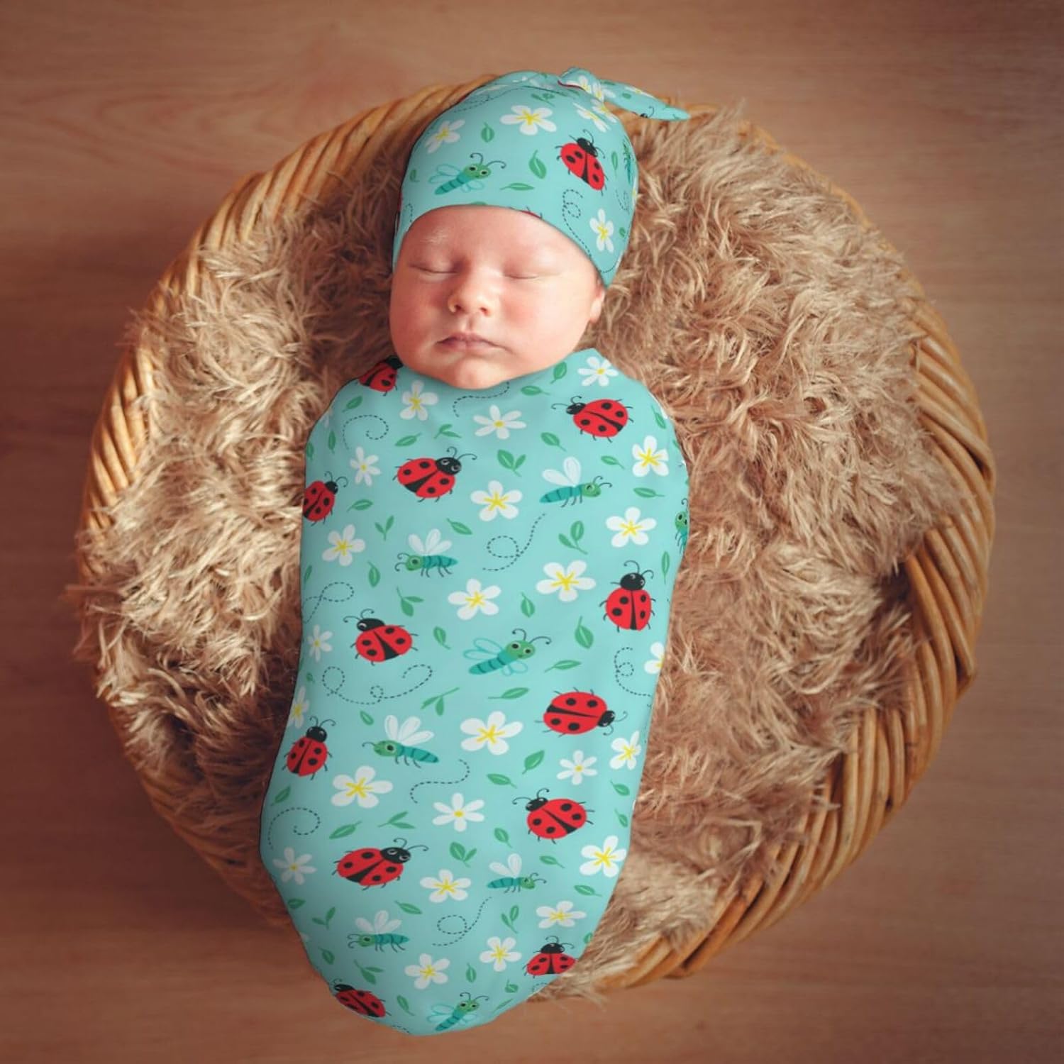 Ladybug Butterfly Flower Newborn Swaddle Blankets Hat Sets Soft Baby Receiving Blanket Swaddle Sack for Baby Shower Infant Boy Girl Gift - Image 7