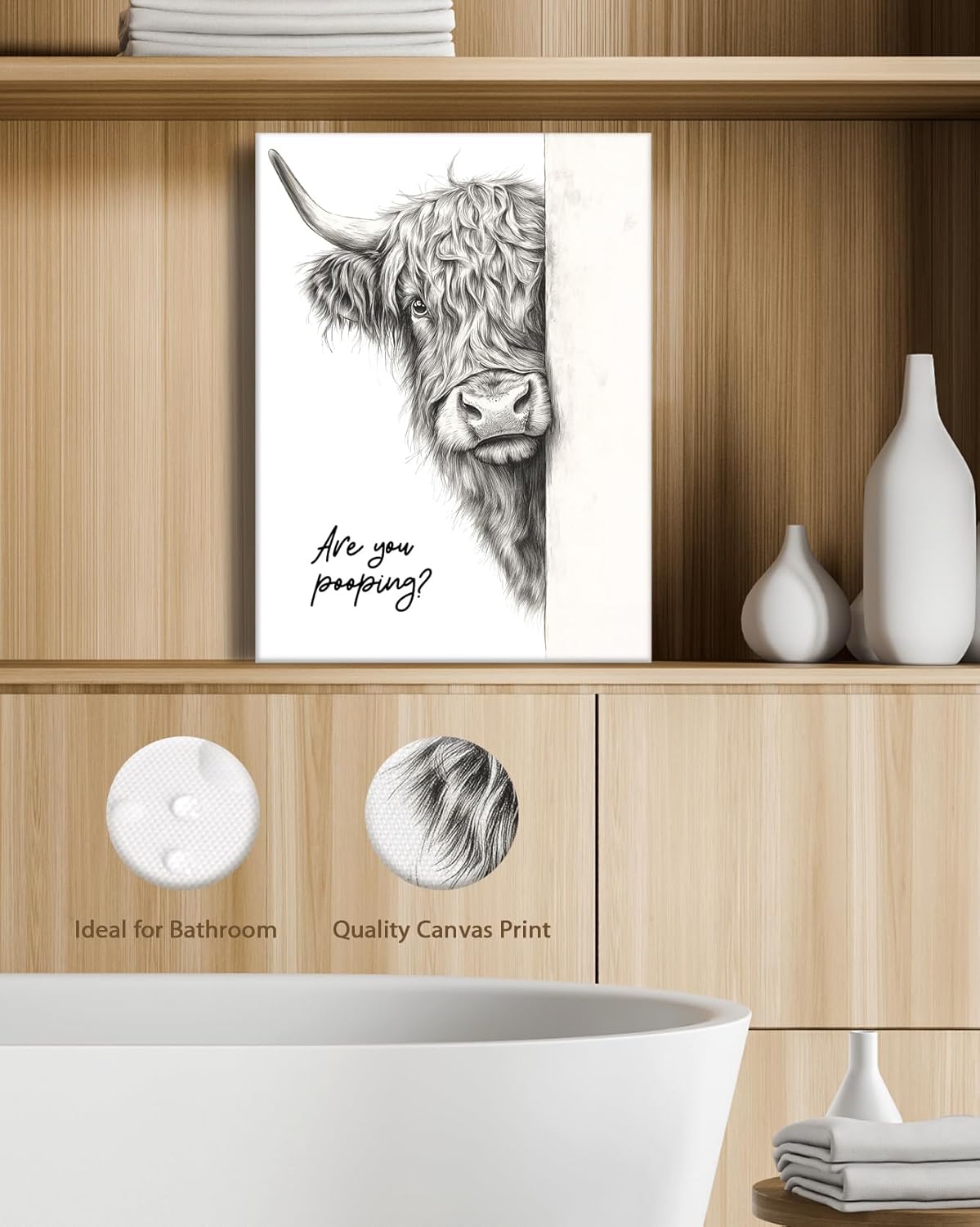 HesenDot Highland Cow Bathroom Wall Art, Funny Are You Pooping Canvas Print, 40x60cm Black and White Animal Picture, Rustic Farmhouse Wall Décor for Bathroom Toilet Restroom Nursery, Set of 1