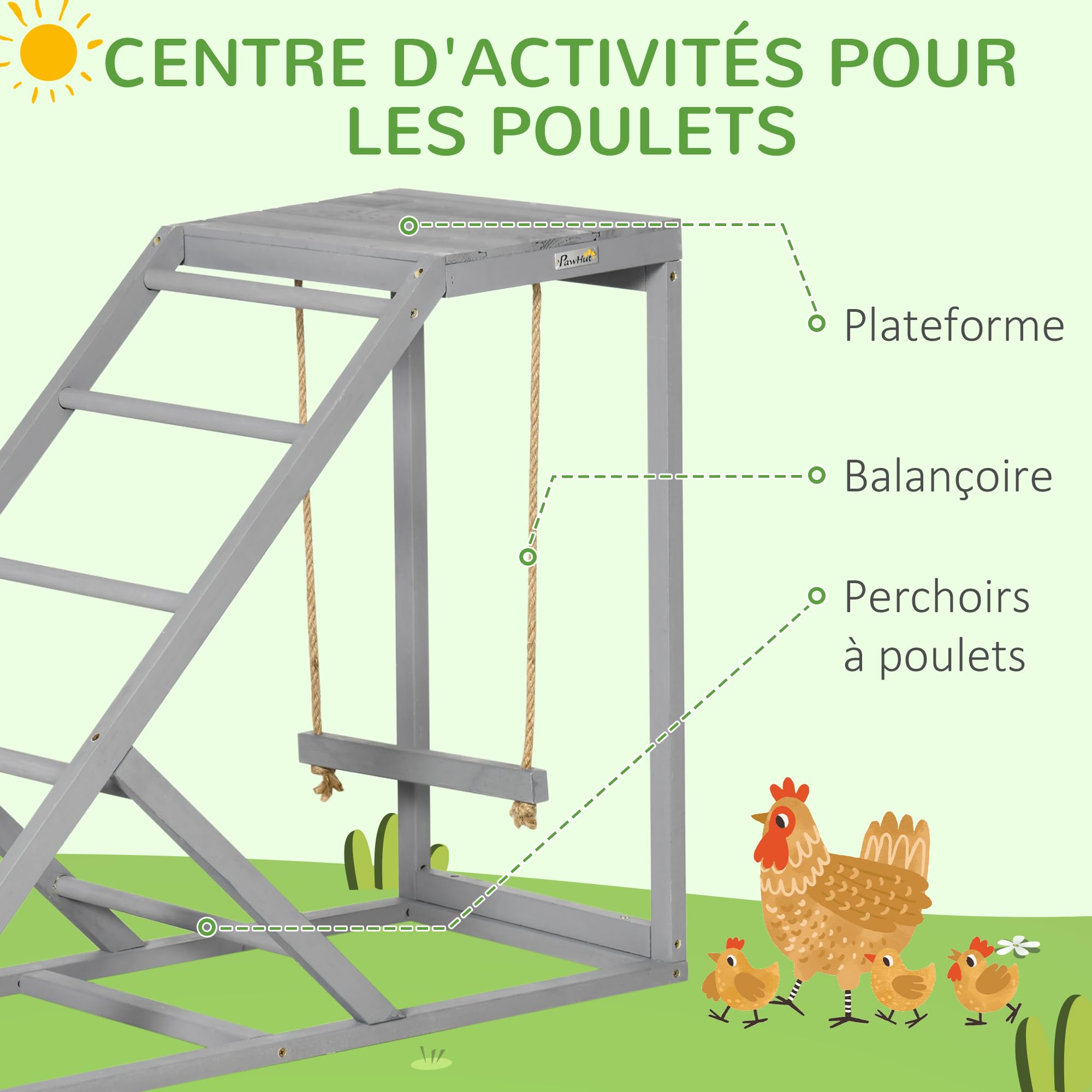 PawHut Perchoir en Bois pour Poule avec Balançoire 96 x 40 x 71 cm Gris