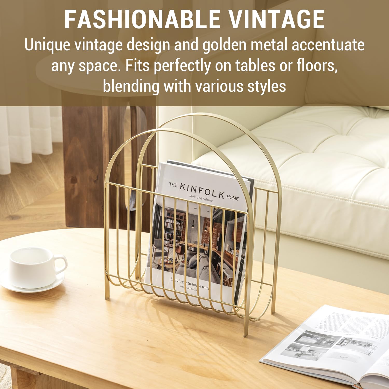 MyGift Deluxe Mid Century Brass Tone Metal Wire Magazine Holder Rack, Table or Floor Display Newspaper Stand Storage Sling for Magazines and Vinyl Record Albums