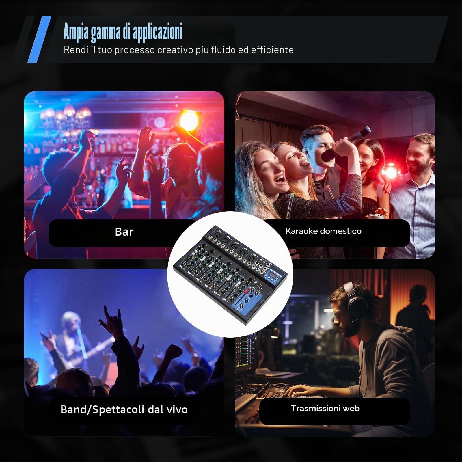 Mixer a 7 canali, mixer DJ mixer audio registratore e USB, 2 microfoni input, porta USB, per microfoni, chitarre, bassi, tastiere, mixer, strumenti, ecc