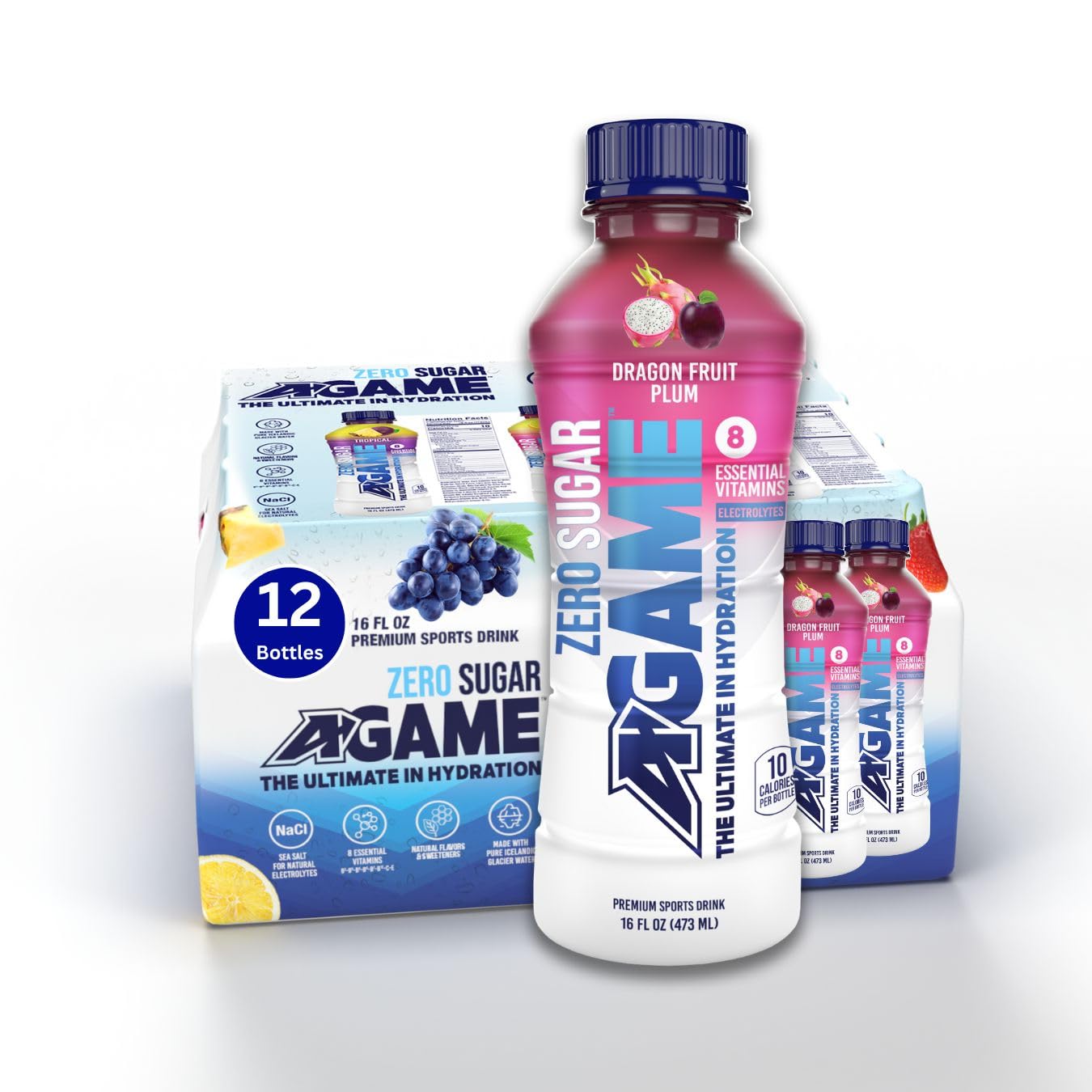 A-GAME Zero Sugar Sports Drink, Dragon Fruit Plum Zero Sugar, The Ultimate Sugar Free Hydration Sports Beverage, 8 Essential Vitamins including B, C, & E plus Sea Salt Electrolytes, All Natural Flavors, Gluten Free & Keto Friendly, 16.9 Fl Oz (Pack of 12)