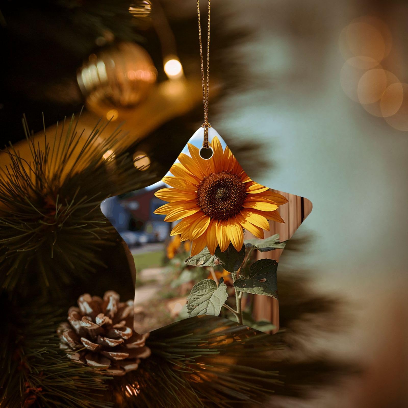Christmas Tree Ornaments Ceramics Christmas Decorations Farm Sunflower Ornaments with Gold Ribbon Porcelain Xmas Tree Crafts Star Shape Hanging Pendant for Christmas Tree Party Decor