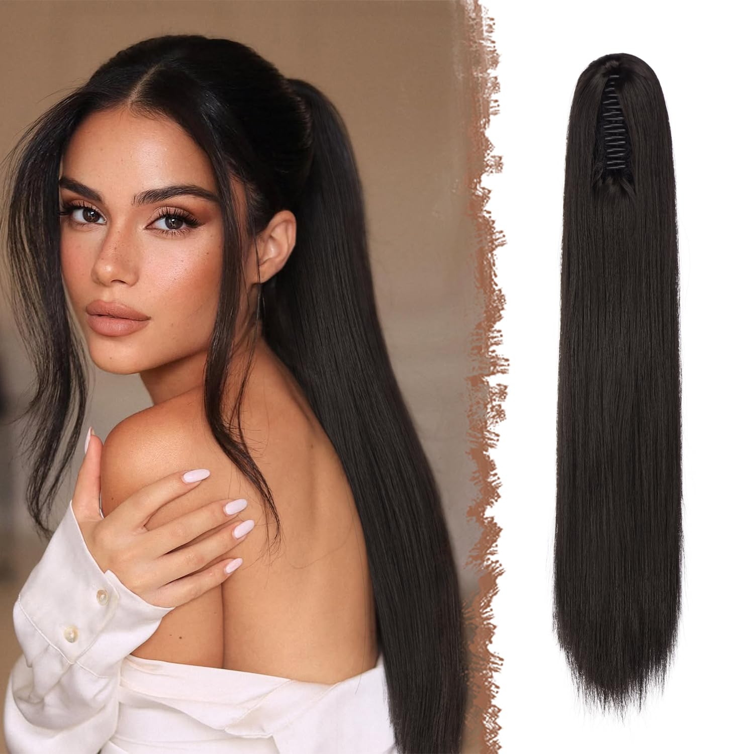 FESHFEN Coletas Postizas con Pinza - Coleta Postiza Pelo Natural Lisa Larga Ponytail Clip de Extensiones de Cabello Negro Marrón Sintético Cola Postizos para Mujeres, 63 cm