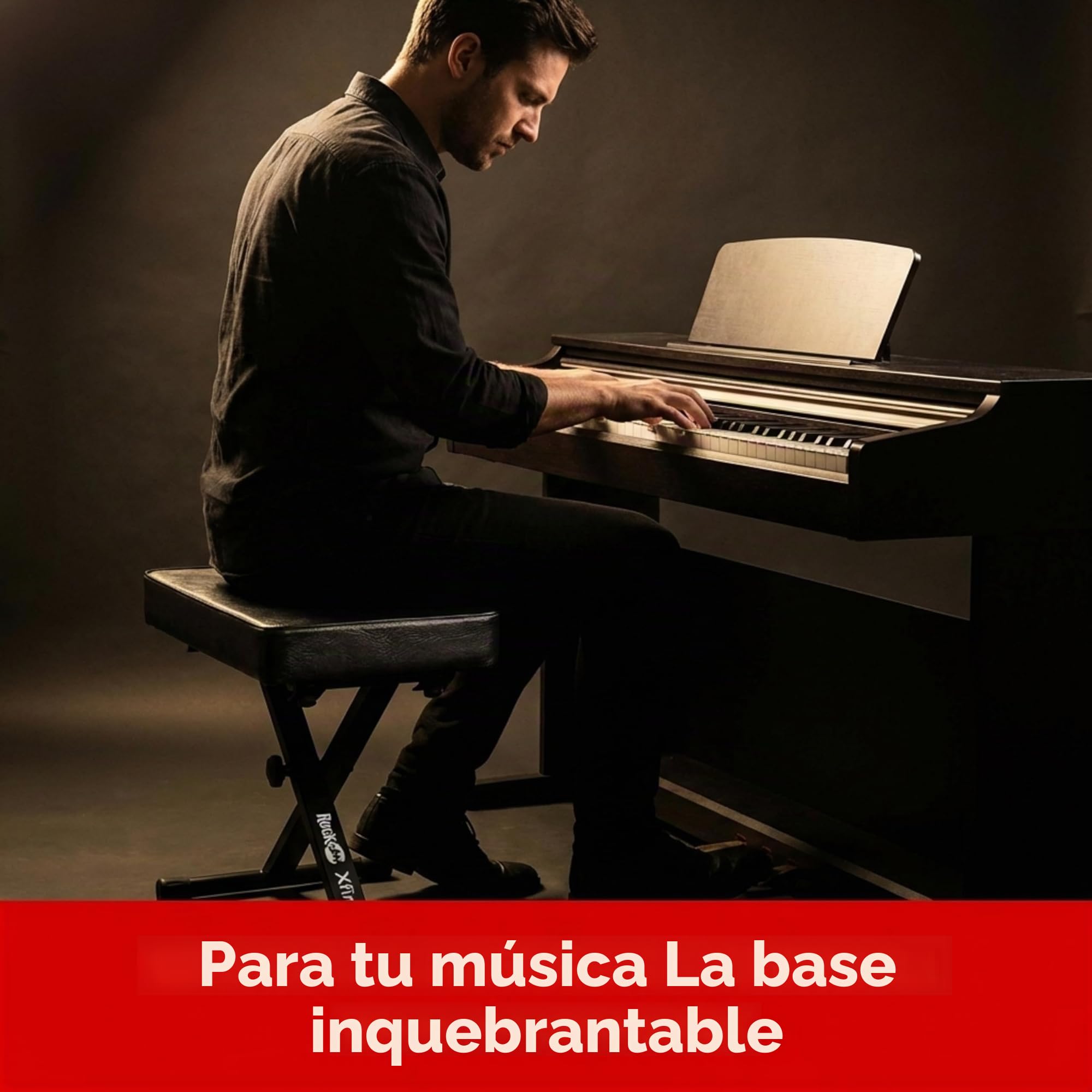 RockJam Banco de Piano Ajustable/Taburete de Teclado, Asiento Grueso Acolchado, Marco X Plegable, 4 Alturas, Acero Resistente