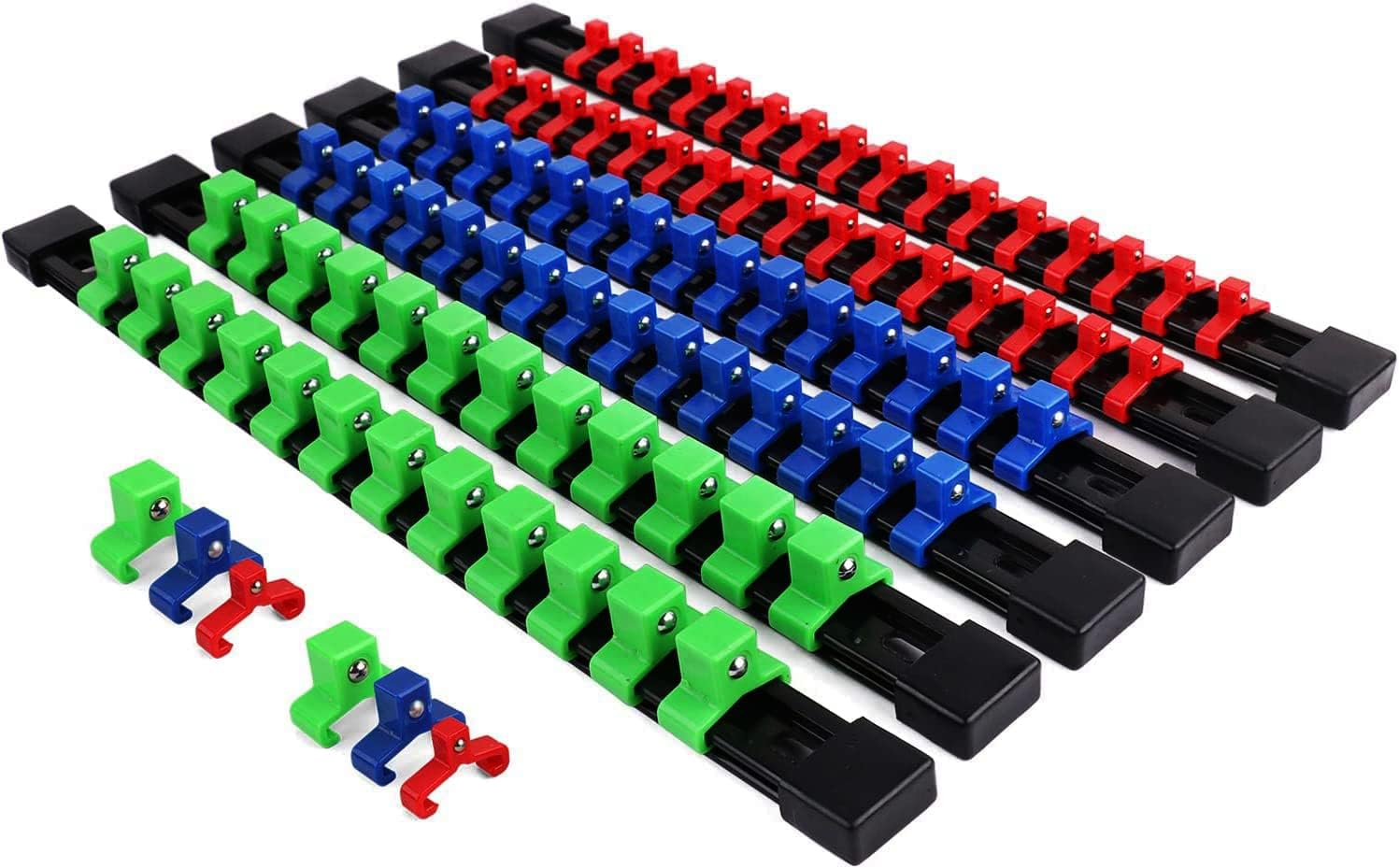 6-Piece Socket Organizer Drive Socket Holder Set - Socket Rails with 1/4-Inch, 3/8-Inch, 1/2-Inch Clips - Secure, Universal Compatibility - Heavy-Duty ABS Construction, Easy to Install