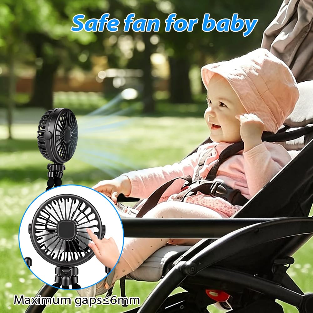 Vicloon Mini Ventilateur Portable pour Poussette, Petit Ventilateur à Pince Rechargeable 500mAh, Trépied Flexible à 3 Vitesses, Veilleuse LED, Ventilateur de Bureau Portable pour Siège Auto, Berceau