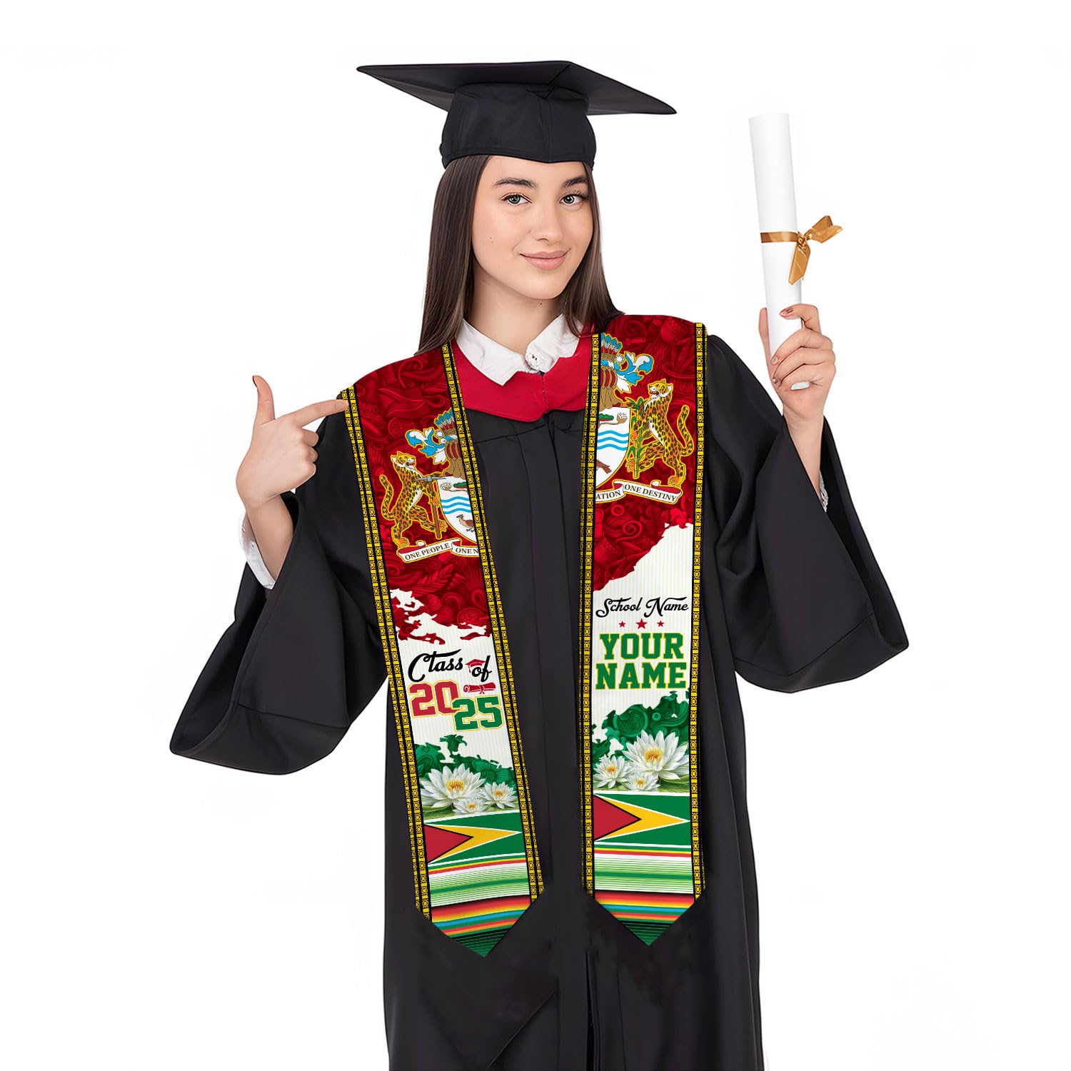 MonkeyVan Custom Guyana Graduation Stole 2025, Guyana Graduation Sash, Guyanese Graduation Sash, Guyana Flag Graduation Stole Gan 10