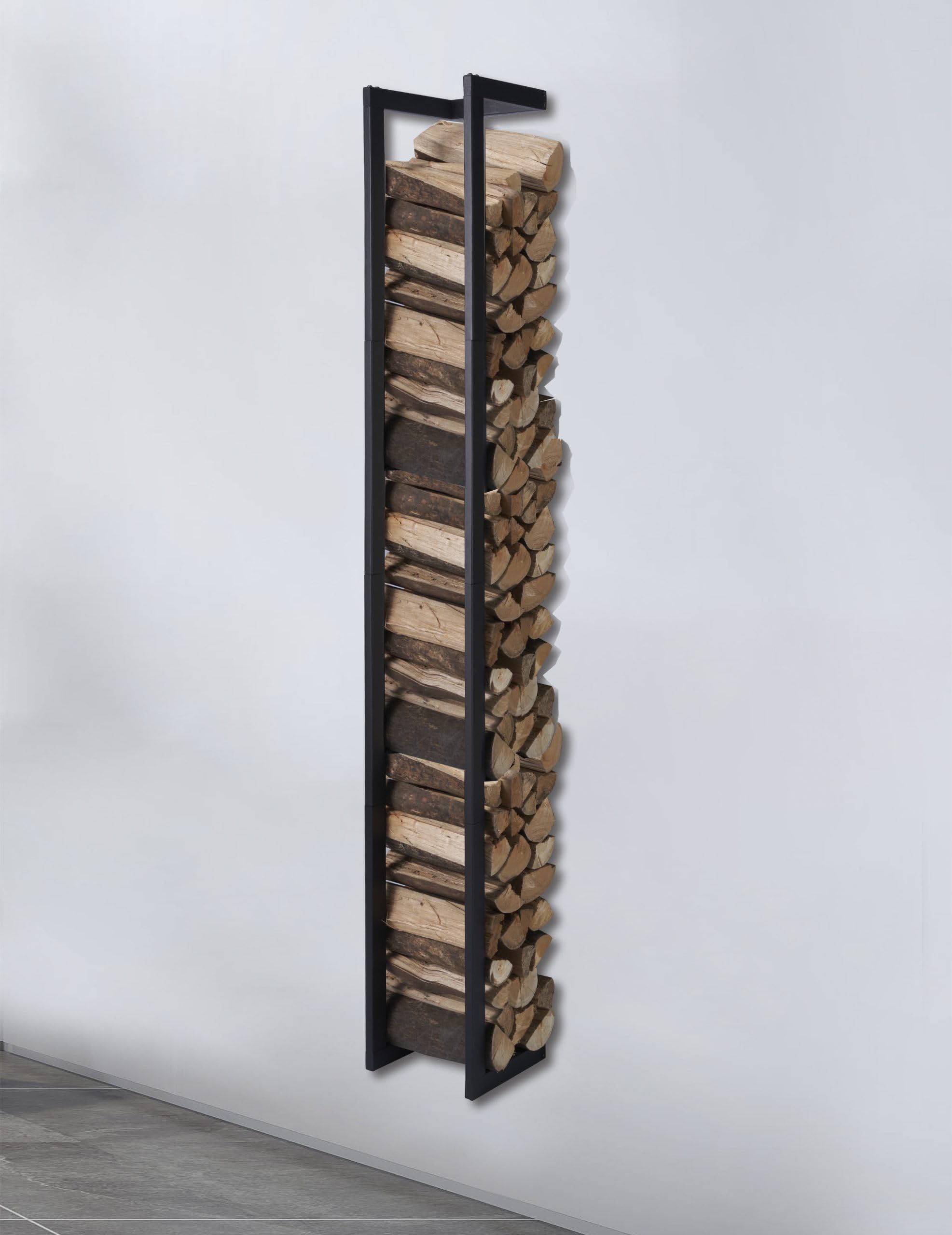 Kaminholzregal wandmodell hängend + Tragetasche - Innen und Außen - Feuerholzregal - Brennholzregal - Holzaufbewahrung - Metall (25x25x196cm)