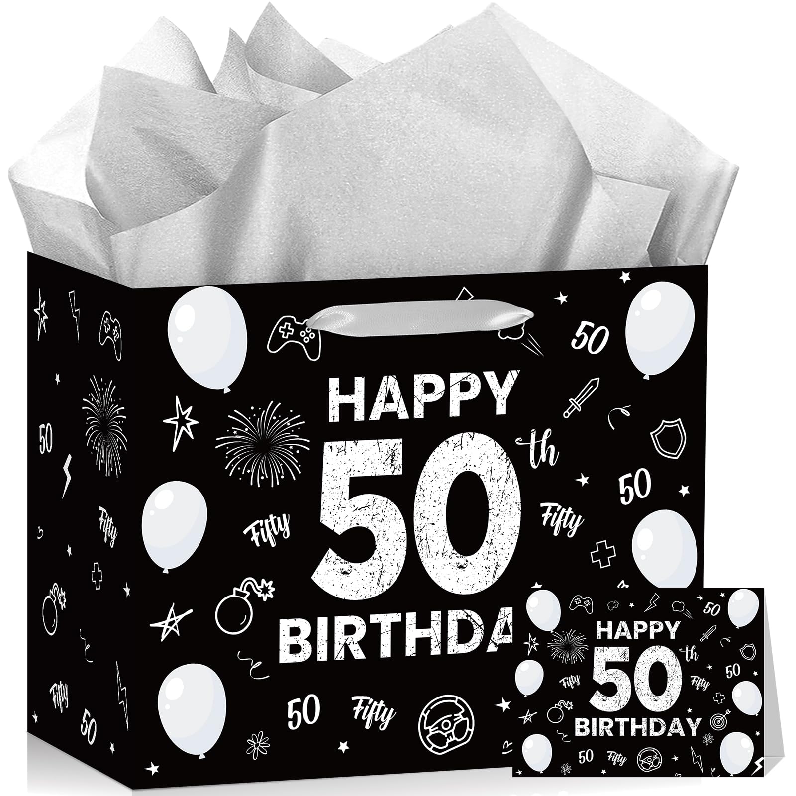 Happy 10th Birthday Gift Bag for Boys Girls Out Single Digits I'm 10 Gifts Bag with Wrapping Paper Greeting Card Black Silver 10 Year Old Bday Decorations Party Favors Supplies Decor (50th Birthday