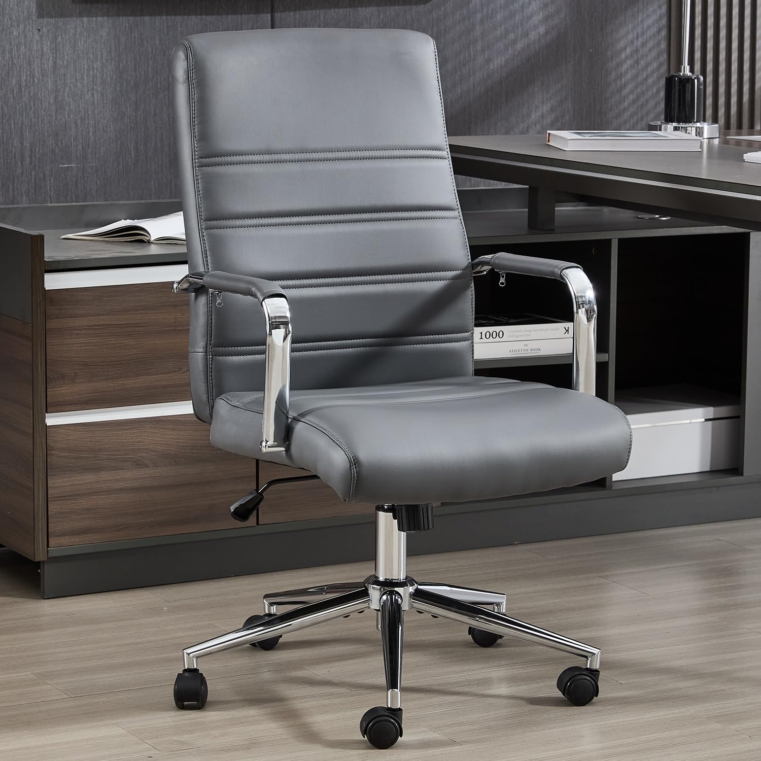 Office Desk Chair Leather, Conference Room Chairs with Wheels, Modern Executive Office Chairs Adjustable Height, Ergonomic Swivel Rolling Ribbed