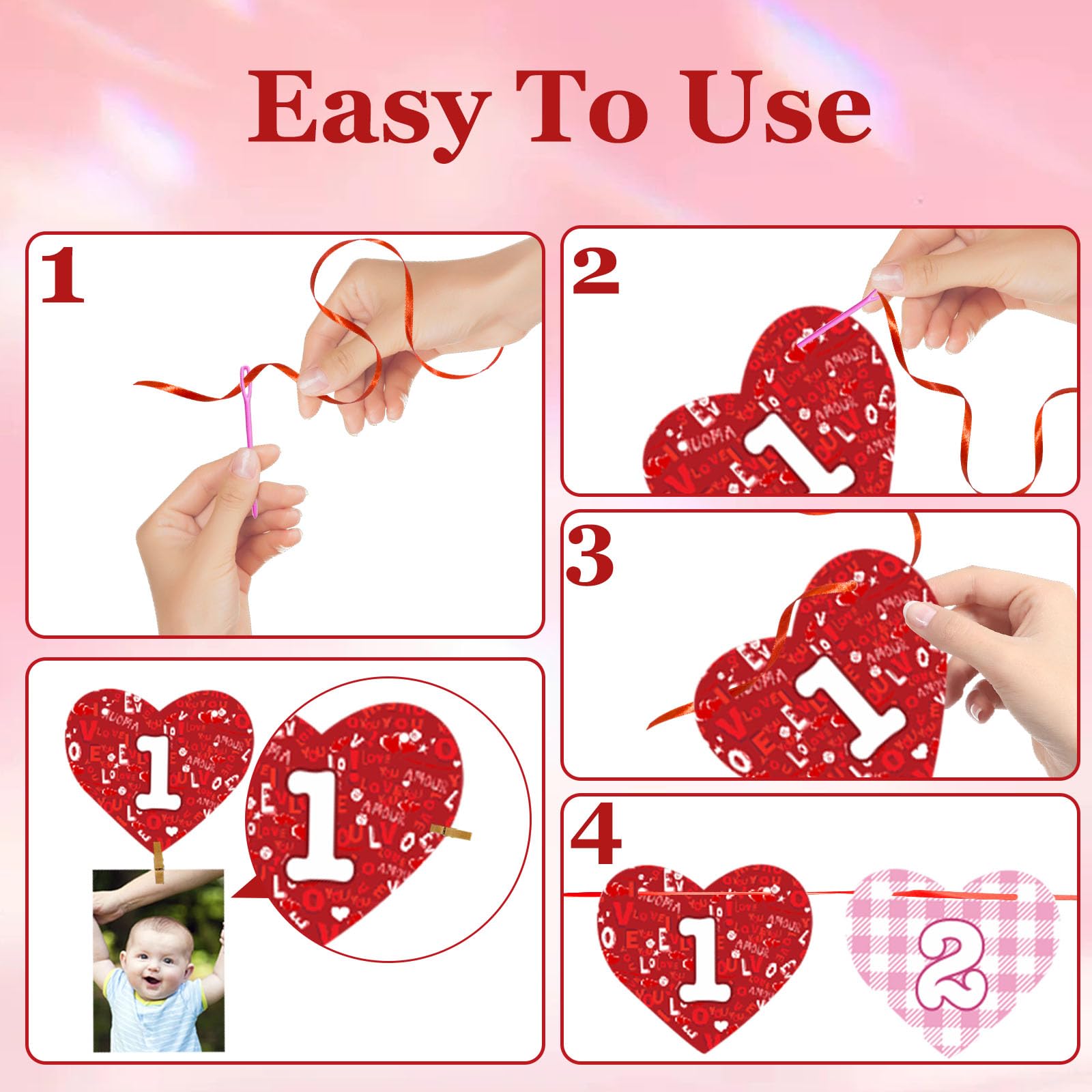 Striscione Per Seggiolone E Corona Glitterata Per Primo Compleanno A Tema San Valentino, Rosso E Rosa, Con Scritta 'One', Per Bambina