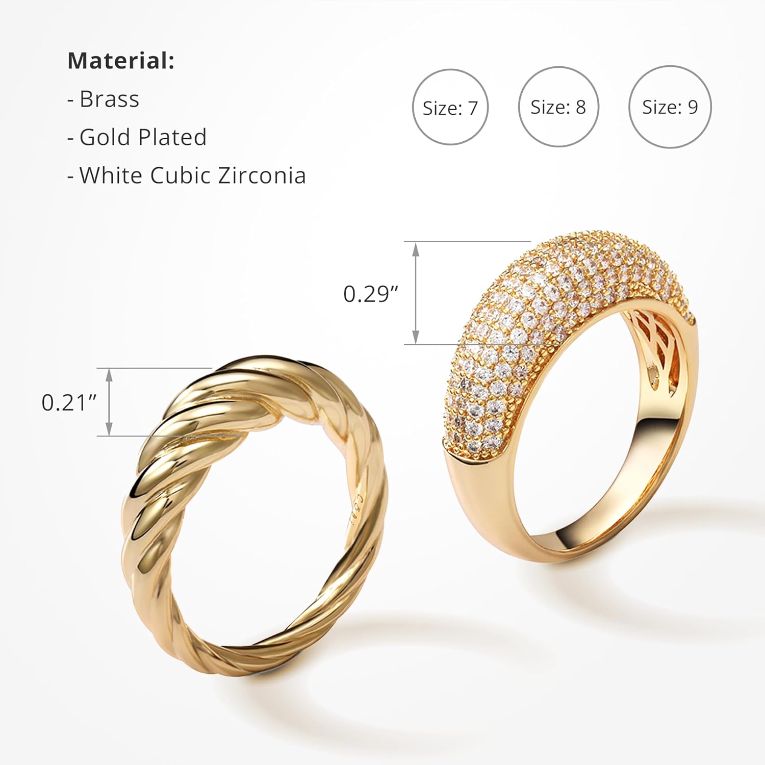 COBI Statement Rings for Women, Croissant Twisted Braided Band & Pave Cubic Zirconia Ring, Open Style, Chunky Dome Ring, Rhodium 18K Gold Plated Stackable Cocktail Rings, Fashion Jewelry, Size 7 8 9
