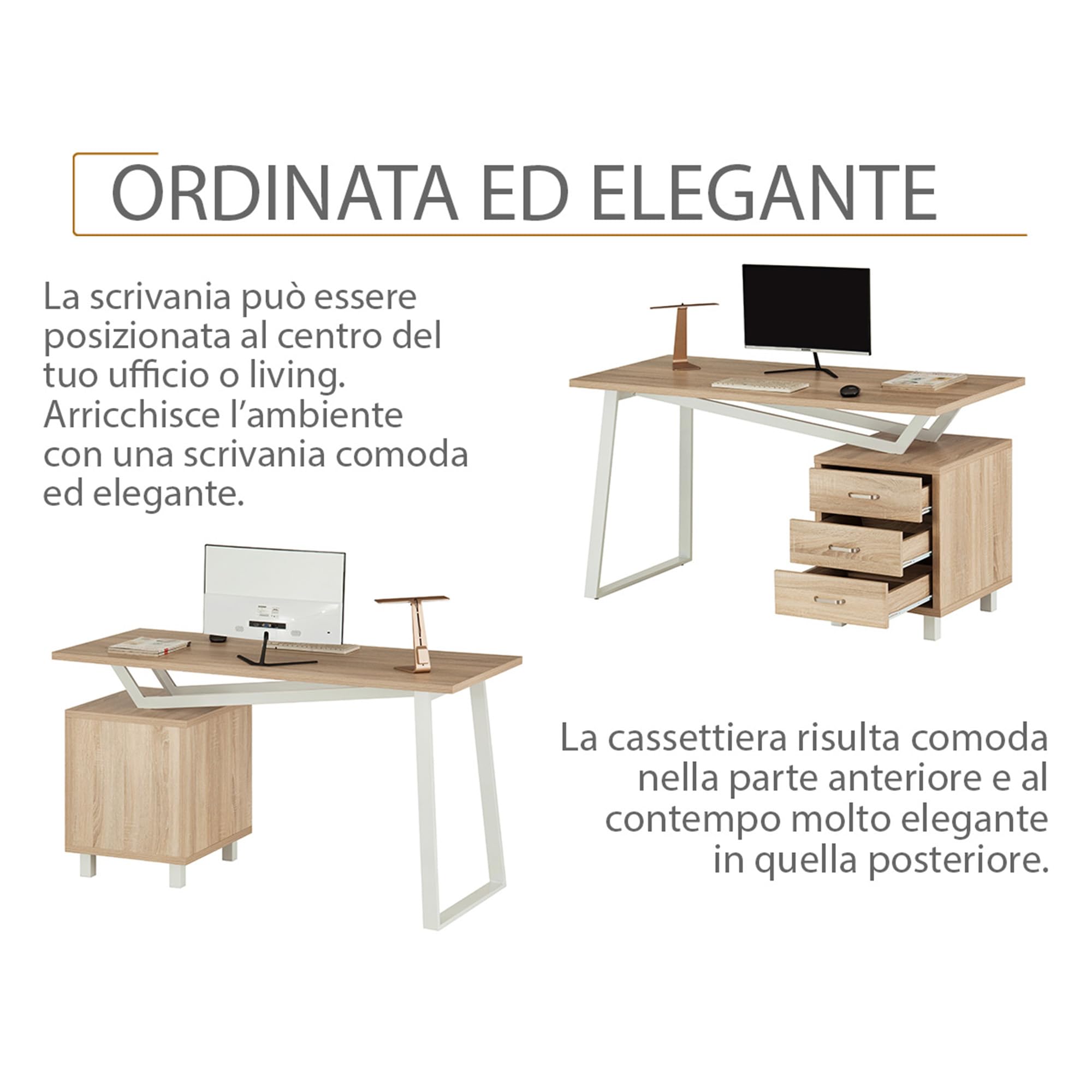 yelloo - Scrivania con Cassetti Salvaspazio, Scrivania Ufficio per Computer, Adatta per Cameretta, Scrivanie dal Design Moderno ed Elegante, Tavolo Ufficio Porta PC (Mod. ELEGANT Quercia)