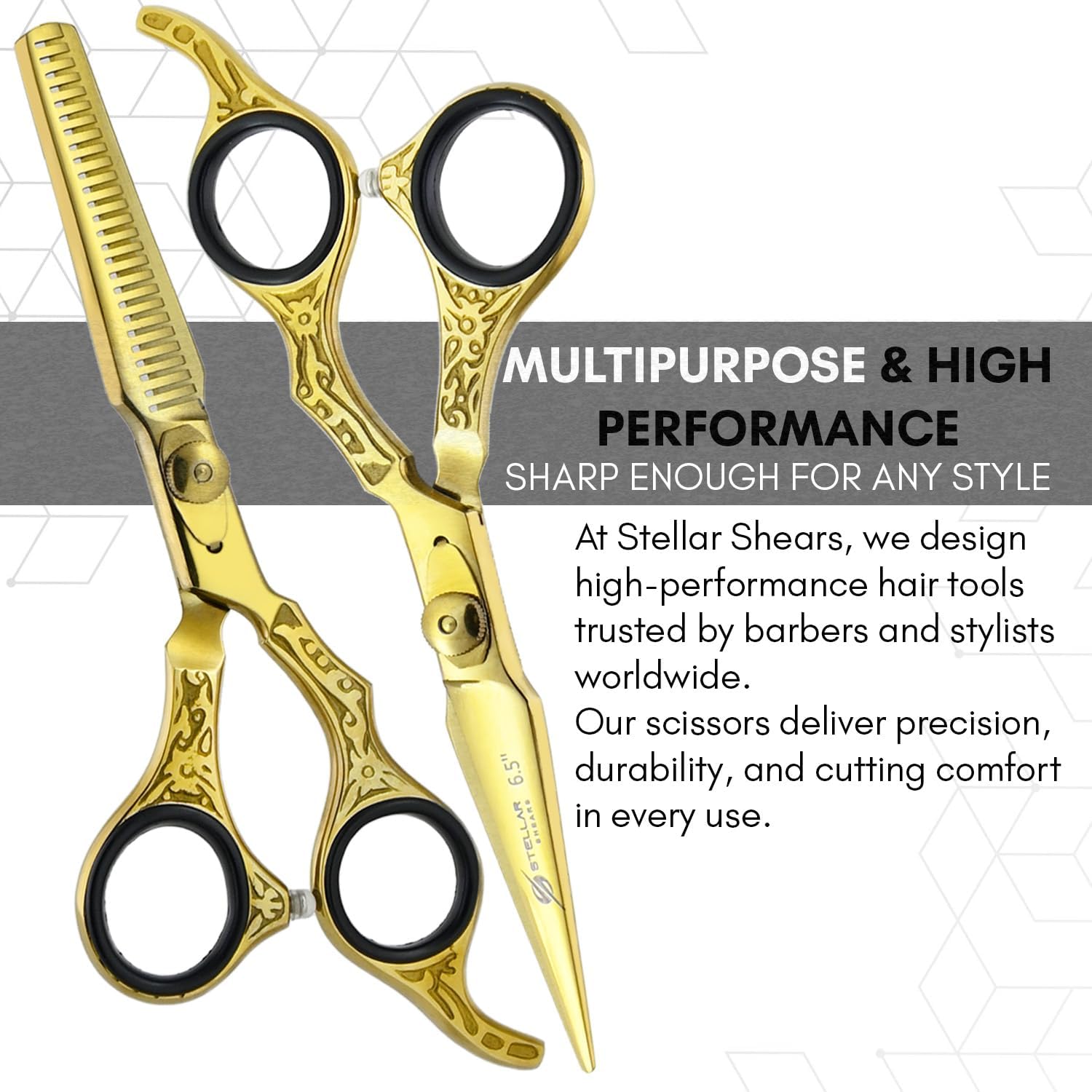 Hair Cutting Scissors Set 6.5 Inch – Gold Barber Shears & Thinning Scissors with Engraved Handles – Japanese Stainless Steel Hairdressing Kit with Case for Stylists & Barbers