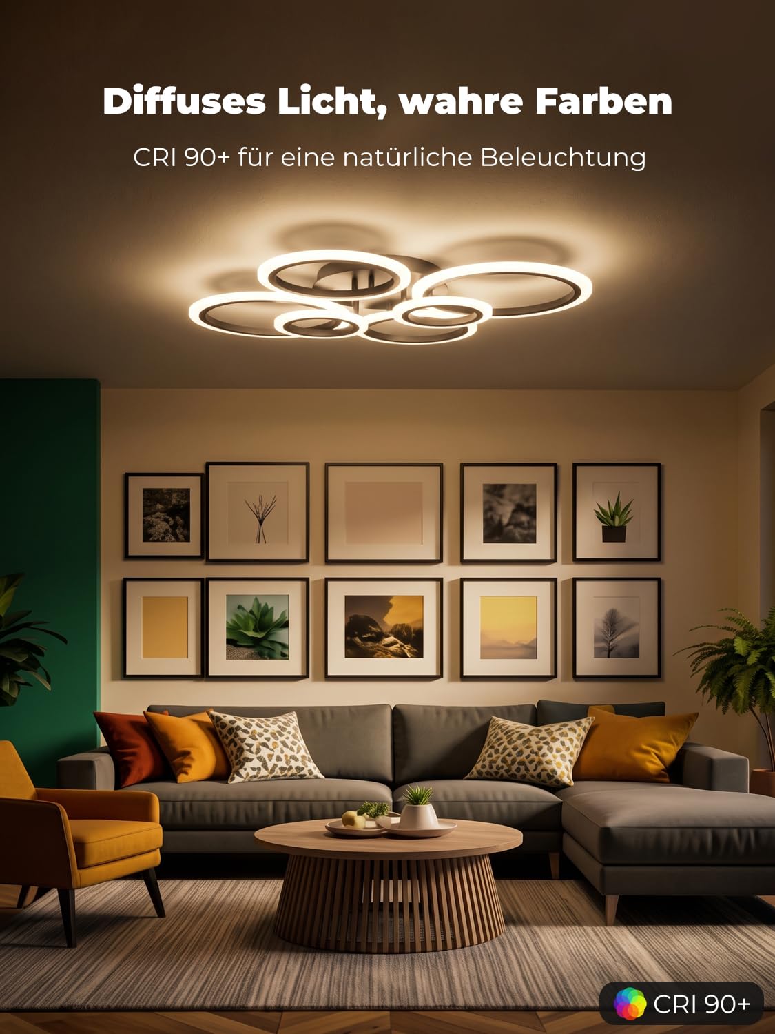 Deckenlampe Led mit Fernbedienung & APP, Decken Lampen mit 6 Ring, Dimmbar, Licht Memory Funktion mit Timer, Moderne Deckenleuchte Rund Wohnzimmer Flur Schlafzimmer, Schwarz