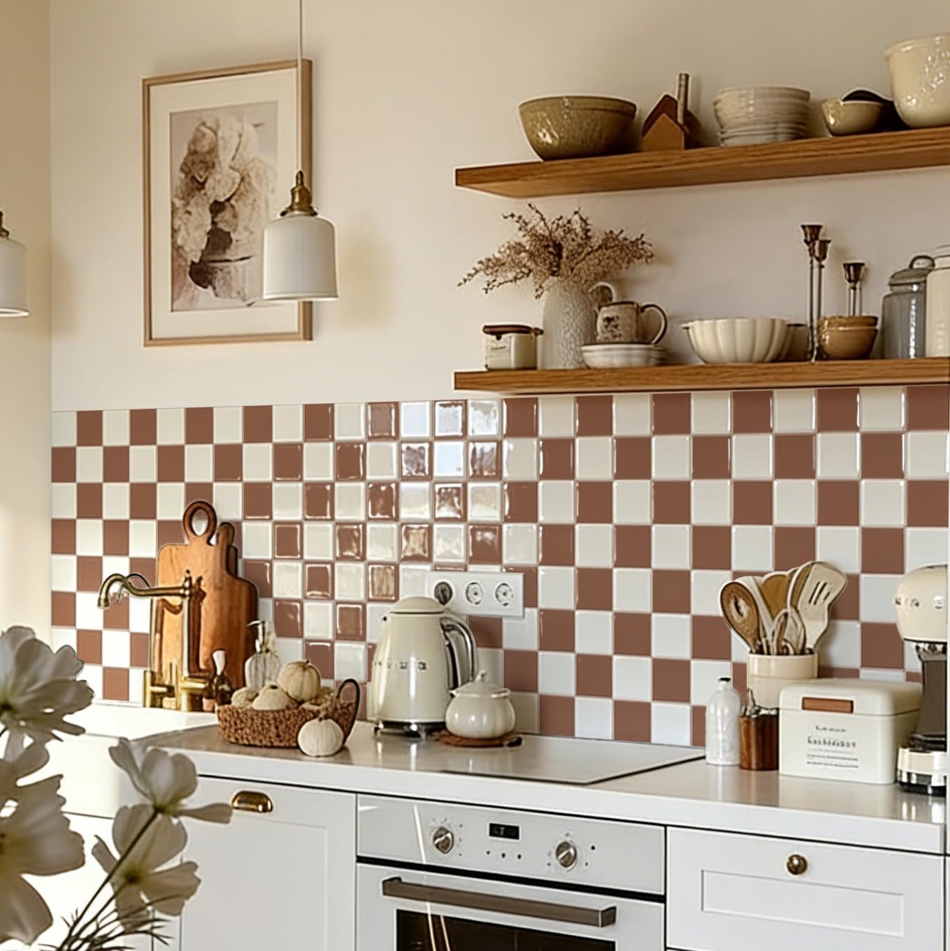 Alwayspon 30x30cmx10Pcs 3D Checkerboard Vinyl Peel and Stick Splashback Wall Tiles Sticker, Self-Adhesive Waterproof Tile Stickers Stick on Tiles for Kitchen Bathroom Wall, White Brown Coffee