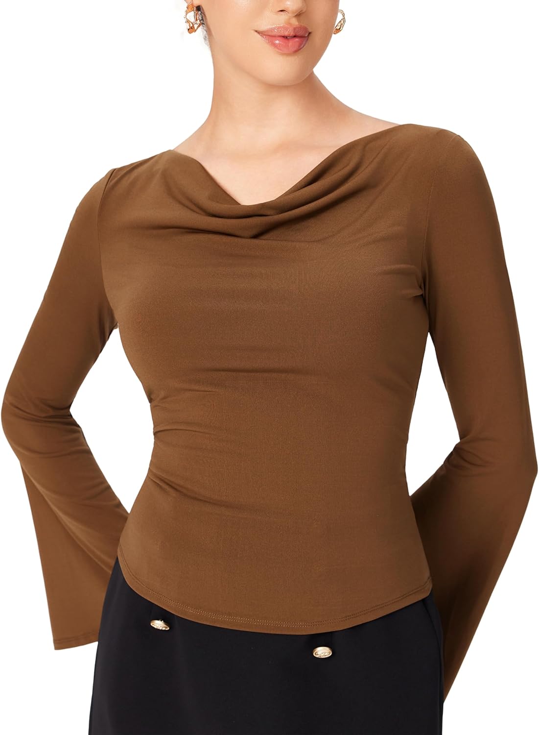 CIDER Cowl Neck Long Sleeve Blouse Bell Sleeve Going Out Casual Top - Image 5