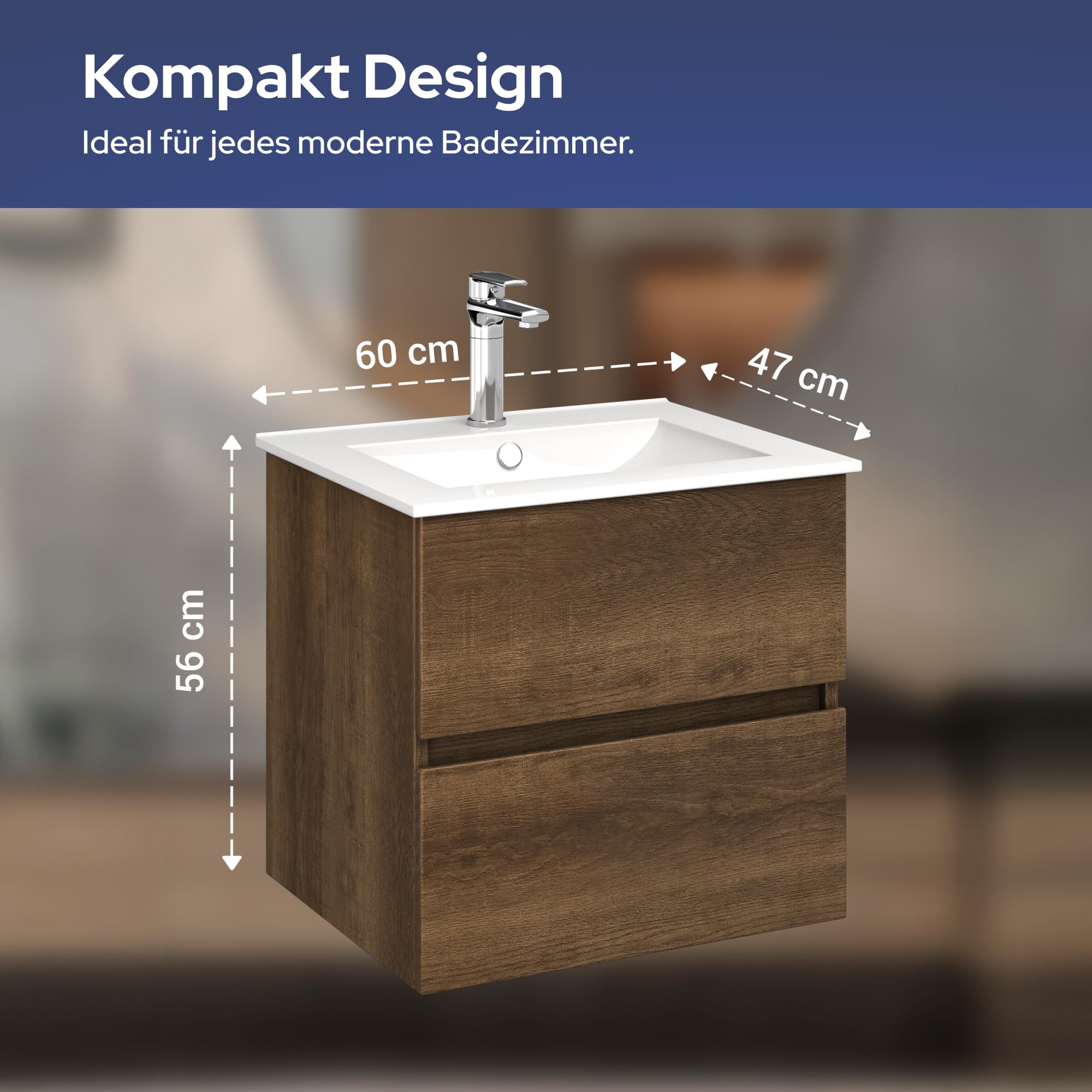 VILSTEIN Waschbecken mit Unterschrank – Set 60 cm Dunkelbraun – Waschbeckenunterschrank [Soft-Close SCHUBLADEN] & Keramik-Waschbecken – Modernes Badezimmermöbel aus feuchtigkeitsbeständigem Material