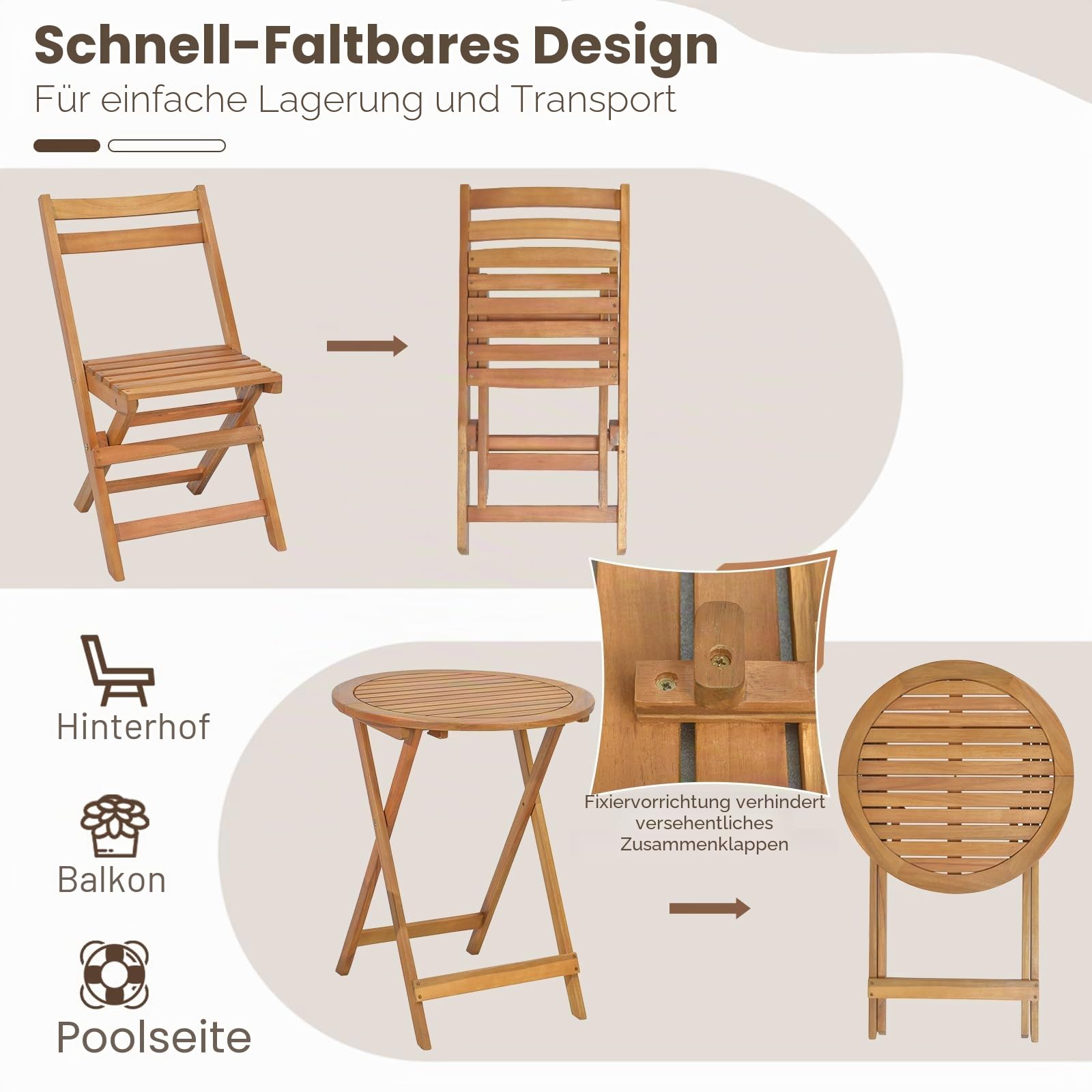 GIANTEX Balkonmöbel Kleiner Balkon, Bistrotisch mit 2 Stühlen, Gartenmöbel Set Holz klappbar, Balkonset Bistroset Outdoor, Terrassenmöbel 2 Personen, Garten Sitzgruppe Sitzgarnitur Gartengarnitur