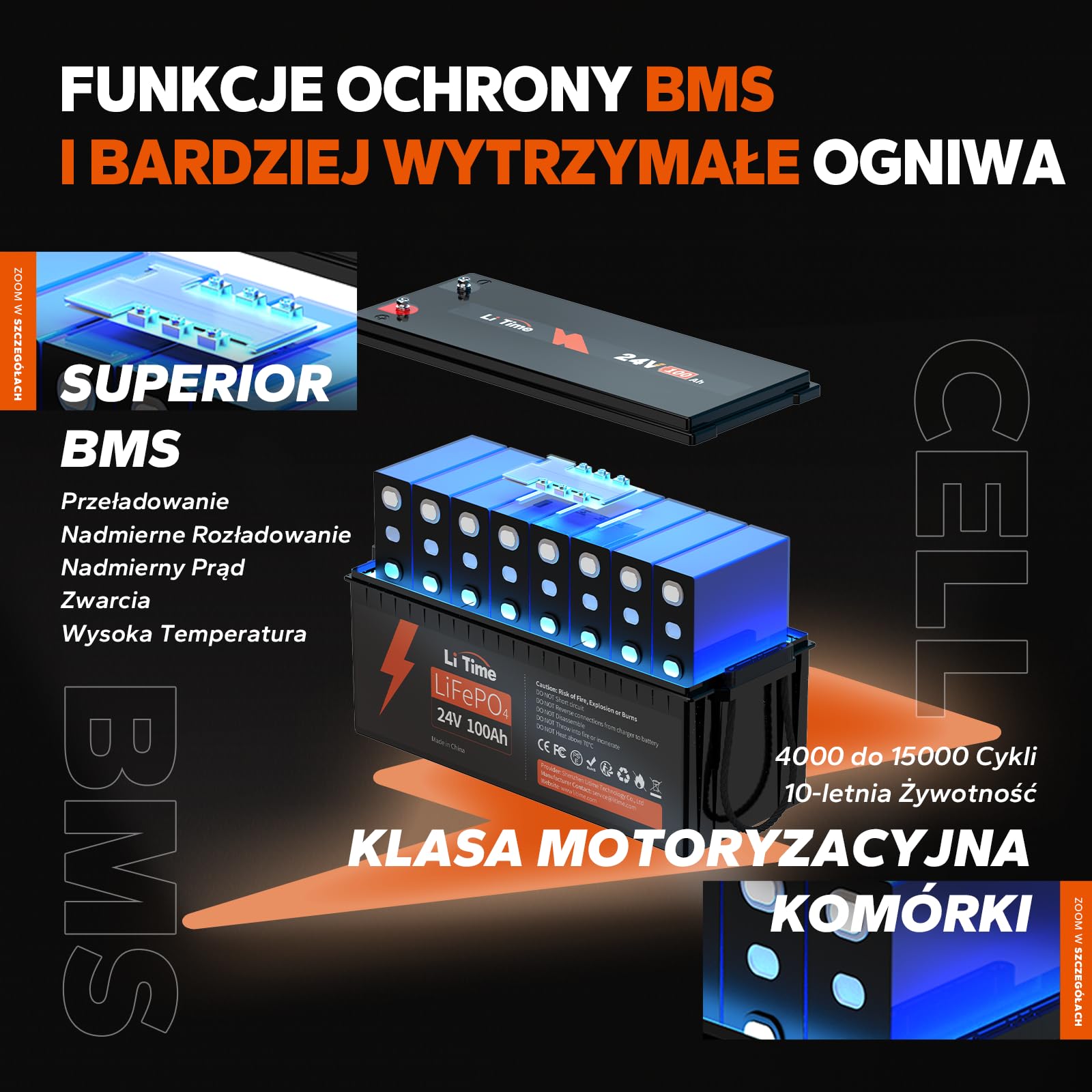 LiTime Bateria litowa LiFePO4 24V 100Ah, Akumulator LiFEPO4 Wbudowany 100A BMS, 4000+ Cykli, 10 Lat Żywotności, Bateria Lifepo4 24V Odpowiednia Do Przyczep Kempingowych, Solarnych, Morskich