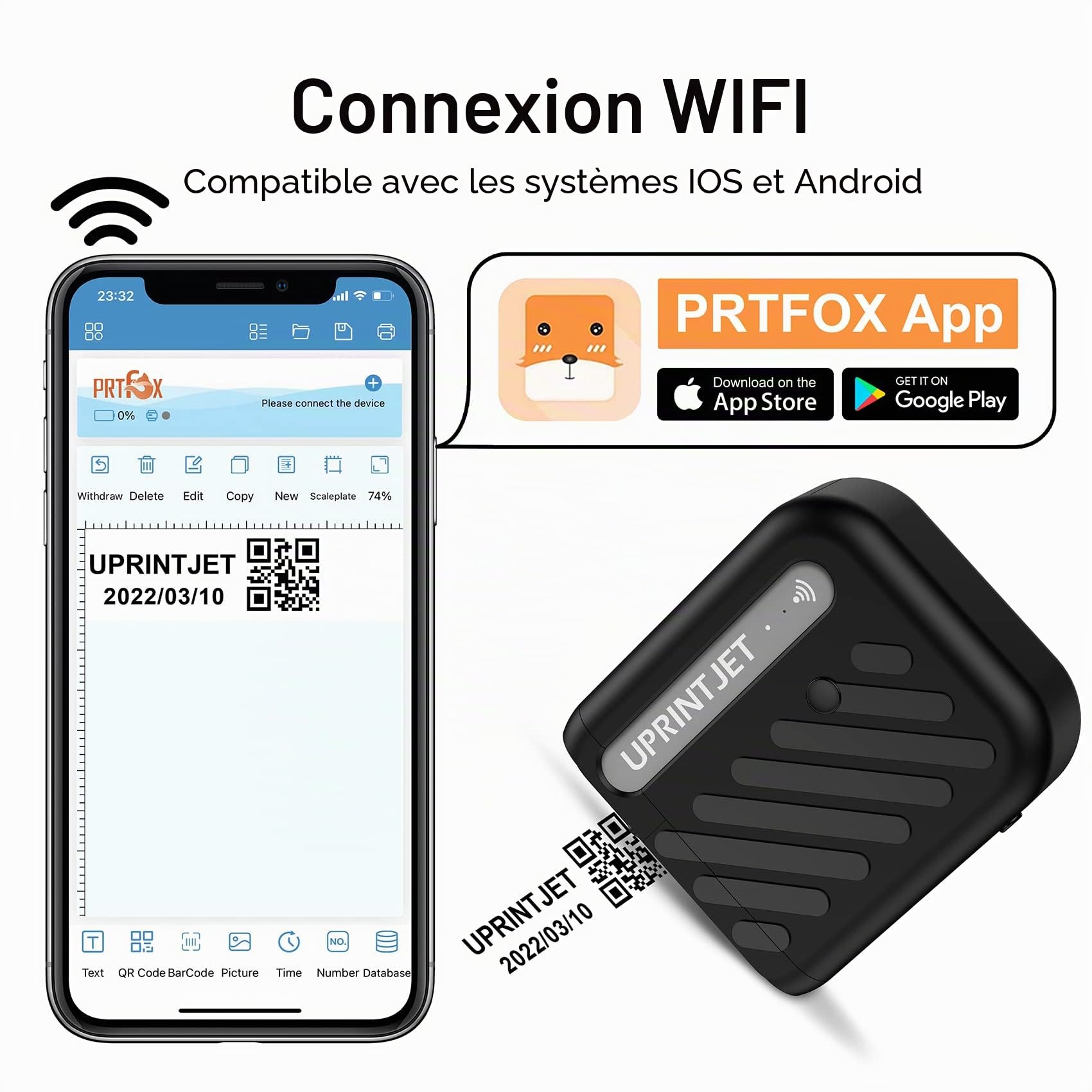 B10 Mini Imprimante Portable, Imprimante à Jet d'encre Portable Compatible avec iOS/Android pour Date de Production, Logo, Image, Numéro de lot, Code QR, Code Barres – Noir