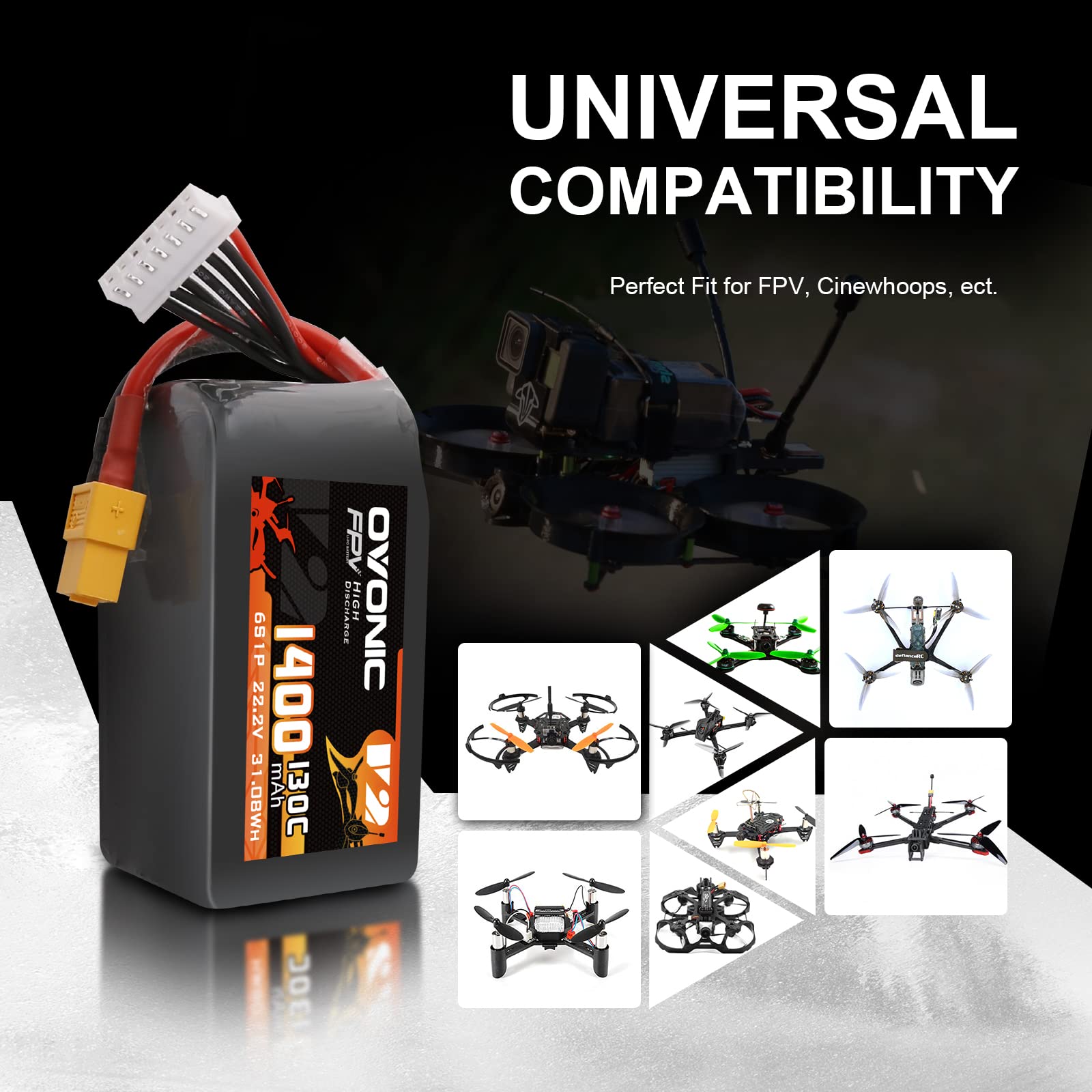 OVONIC Batería de polímero de litio para helicóptero teledirigido FPV, avión, Quadcopter, Hobby Racing (6S, 1400 mAh, 22,2 V, 130 C, con conector XT60)