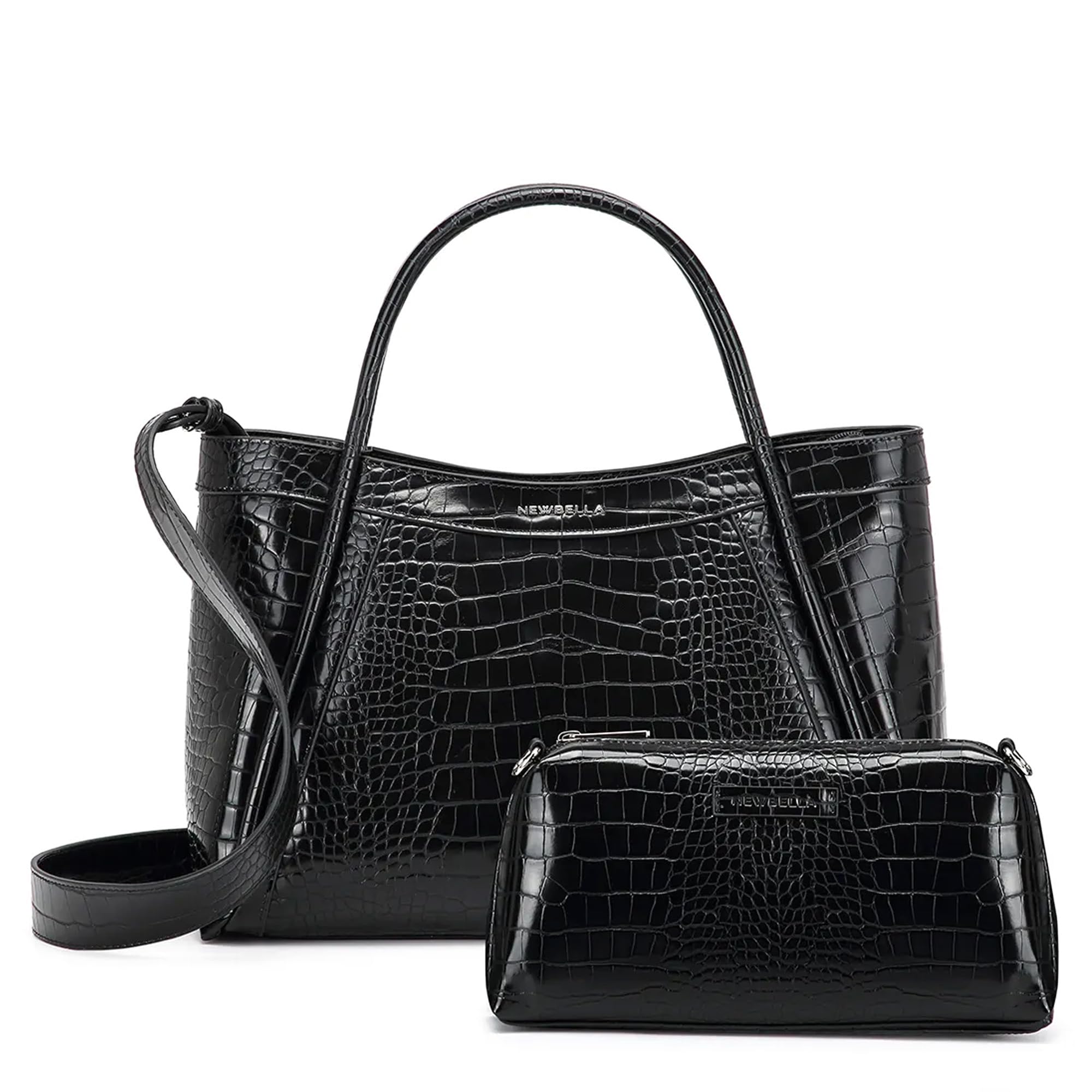 NEWBELLA Women's Elegant Top Handle Handbag Tote Satchel Purse with Detachable Shoulder Strap, Crossbody &amp; Shoulder Bag (Black Crocodile-For 13inch Laptop)