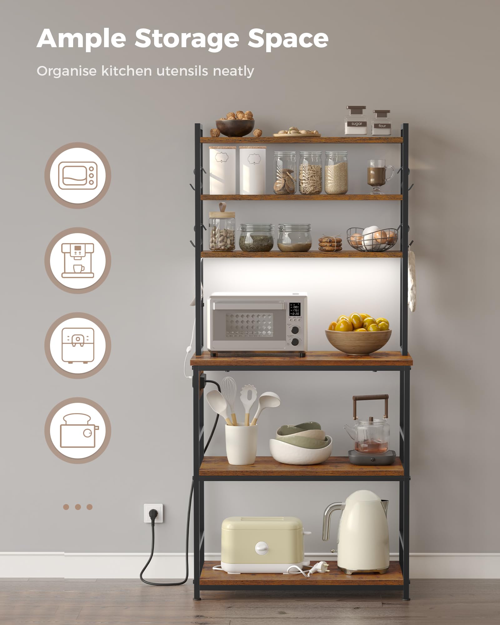Estantería para panadería, Estante de Cocina, Estante de Panadería con LED, Estante de Pie con Enchufes, Mueble para Microondas, 8 Ganchos en S, para Pasillo, Cocina, Salón, 40 x 80 x 174 cm, Marrón