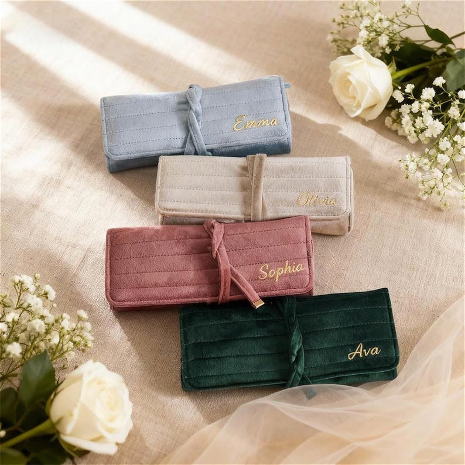 Rouleau de bijoux en velours personnalisé, pochette à bijoux de voyage, accessoire de voyage, porte-bijoux personnalisé (vert)